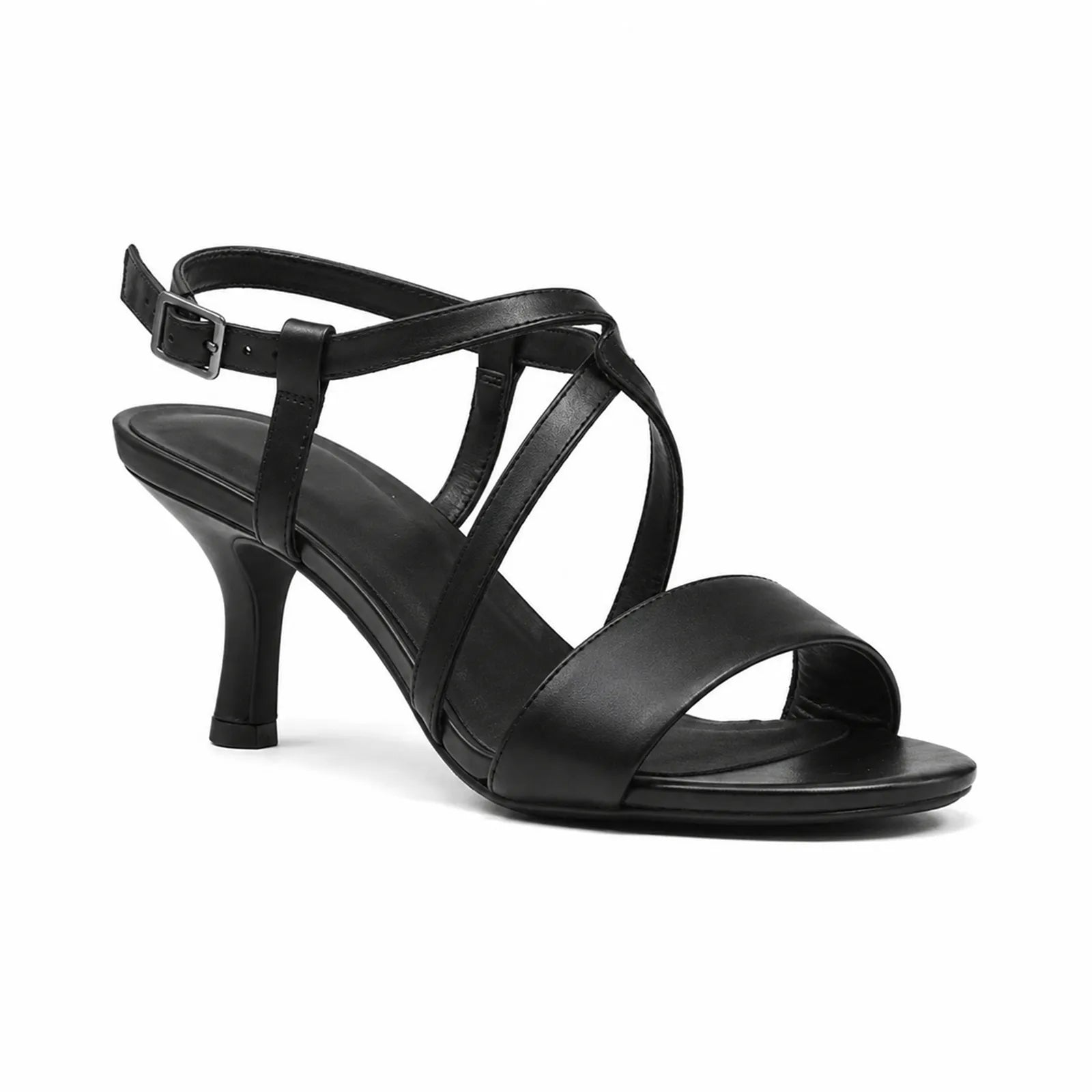 Black leather women's heeled sandals with adjustable buckle straps and open toe