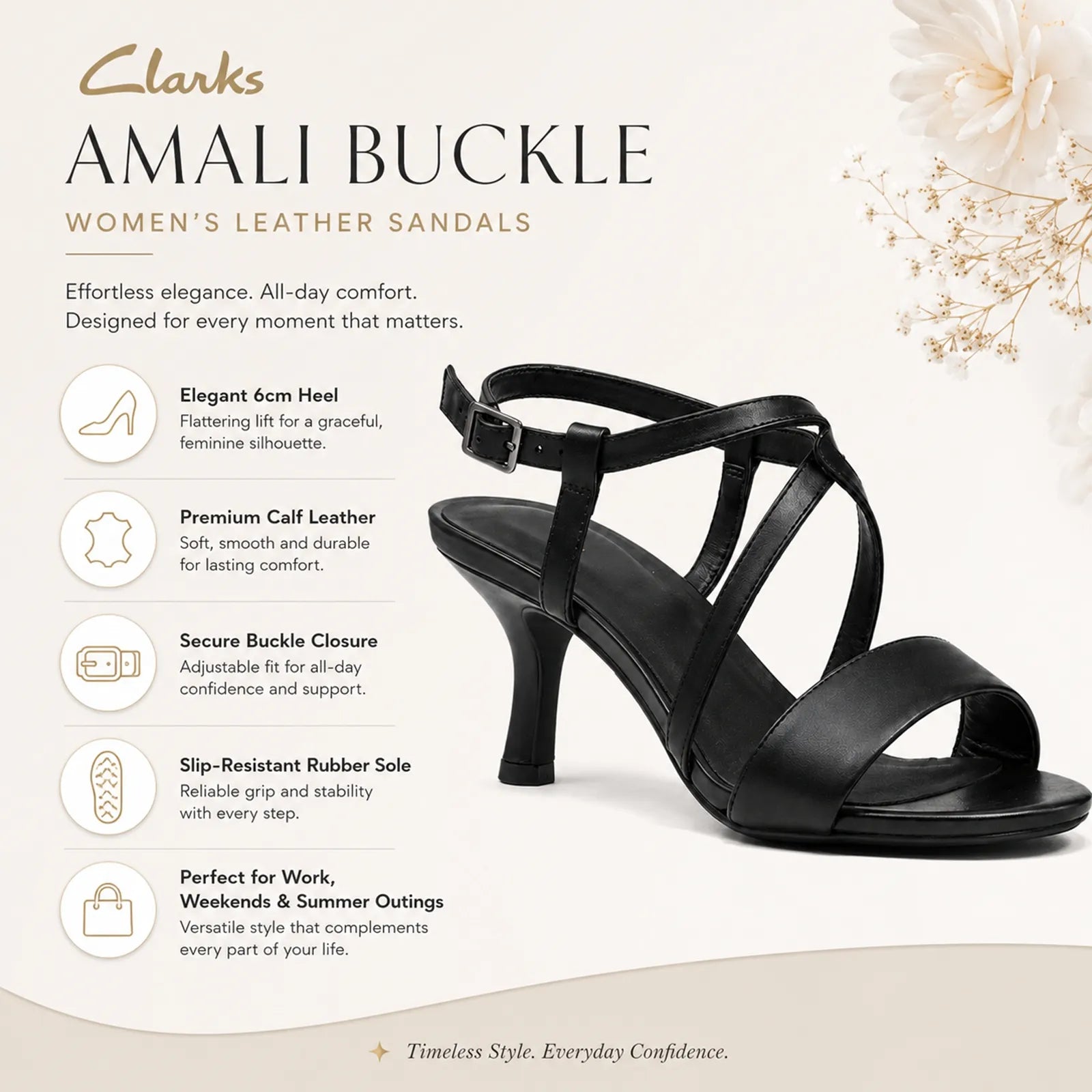Black leather women's heeled sandals with buckle fastening and wide toe strap