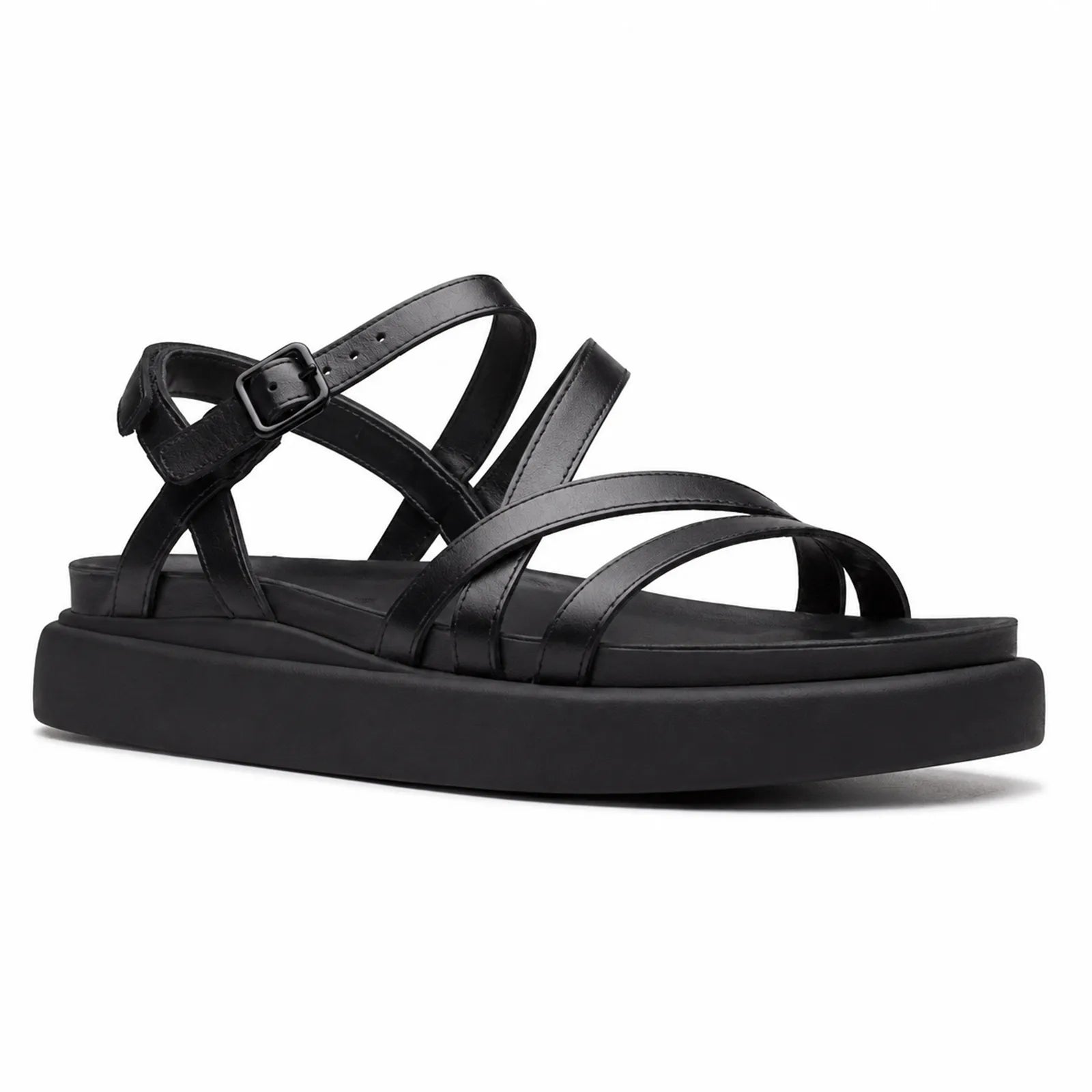 Women's leather sandals with black straps and adjustable buckle on black platform sole