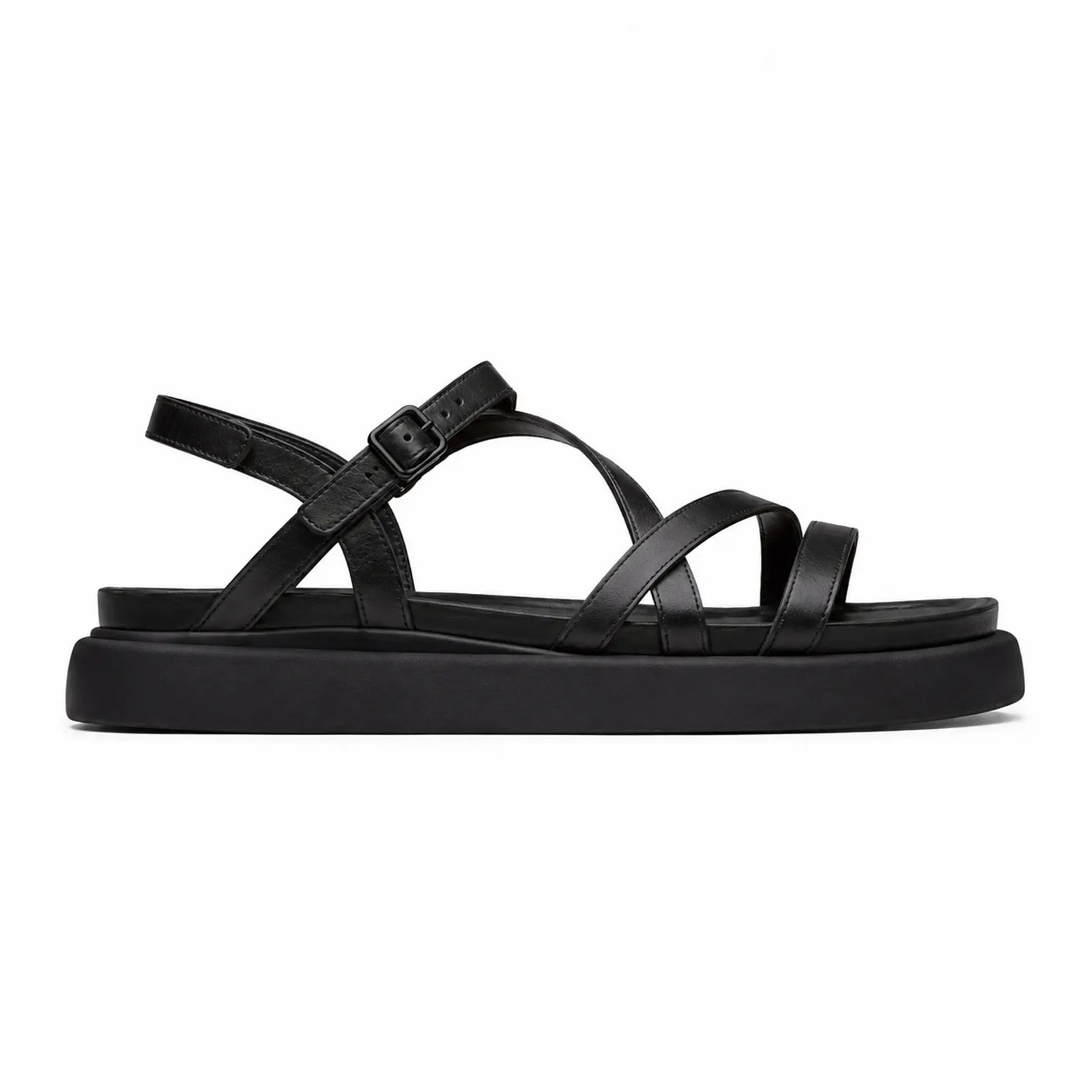 Women's leather sandals with black cross straps and adjustable buckle, flat black outsole