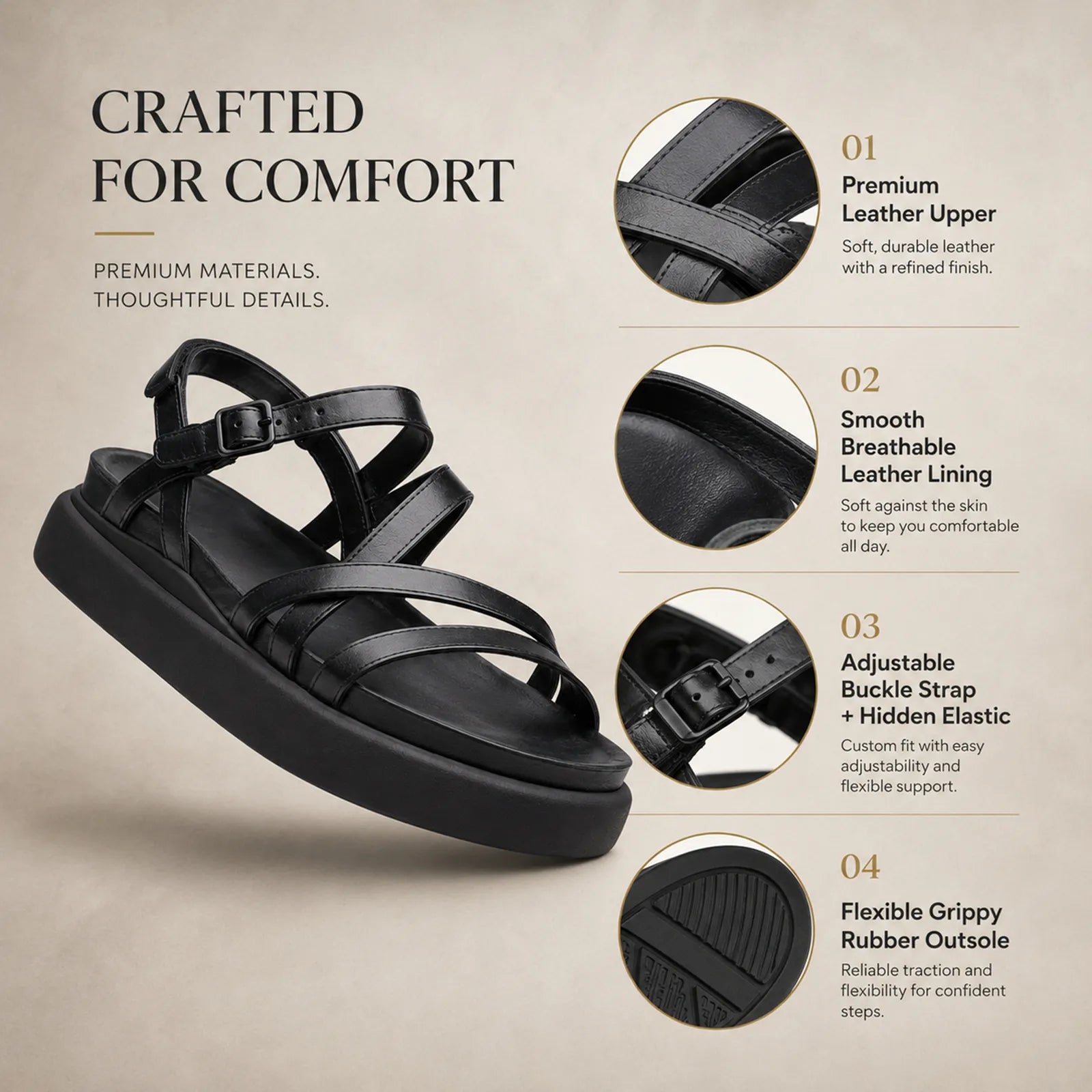 Women's leather sandals with black straps and adjustable buckle, flexible rubber outsole
