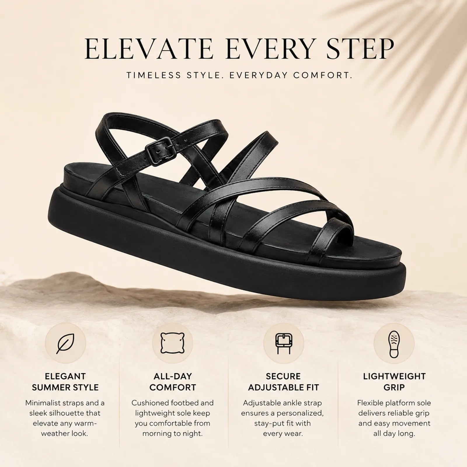Women’s black leather sandals with crisscross straps and adjustable buckle