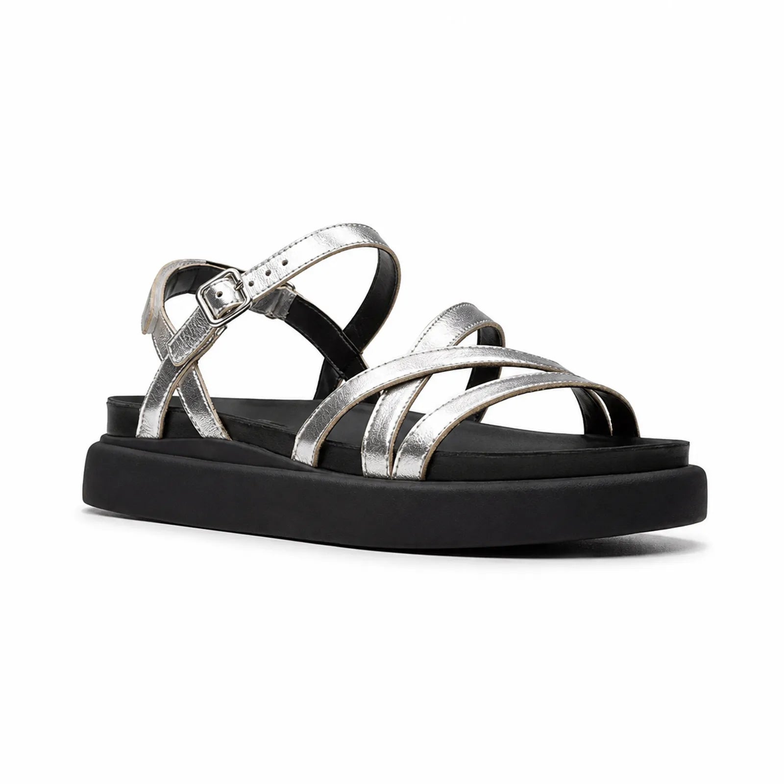 Silver leather slide sandals with crisscross straps and adjustable buckle, black platform sole