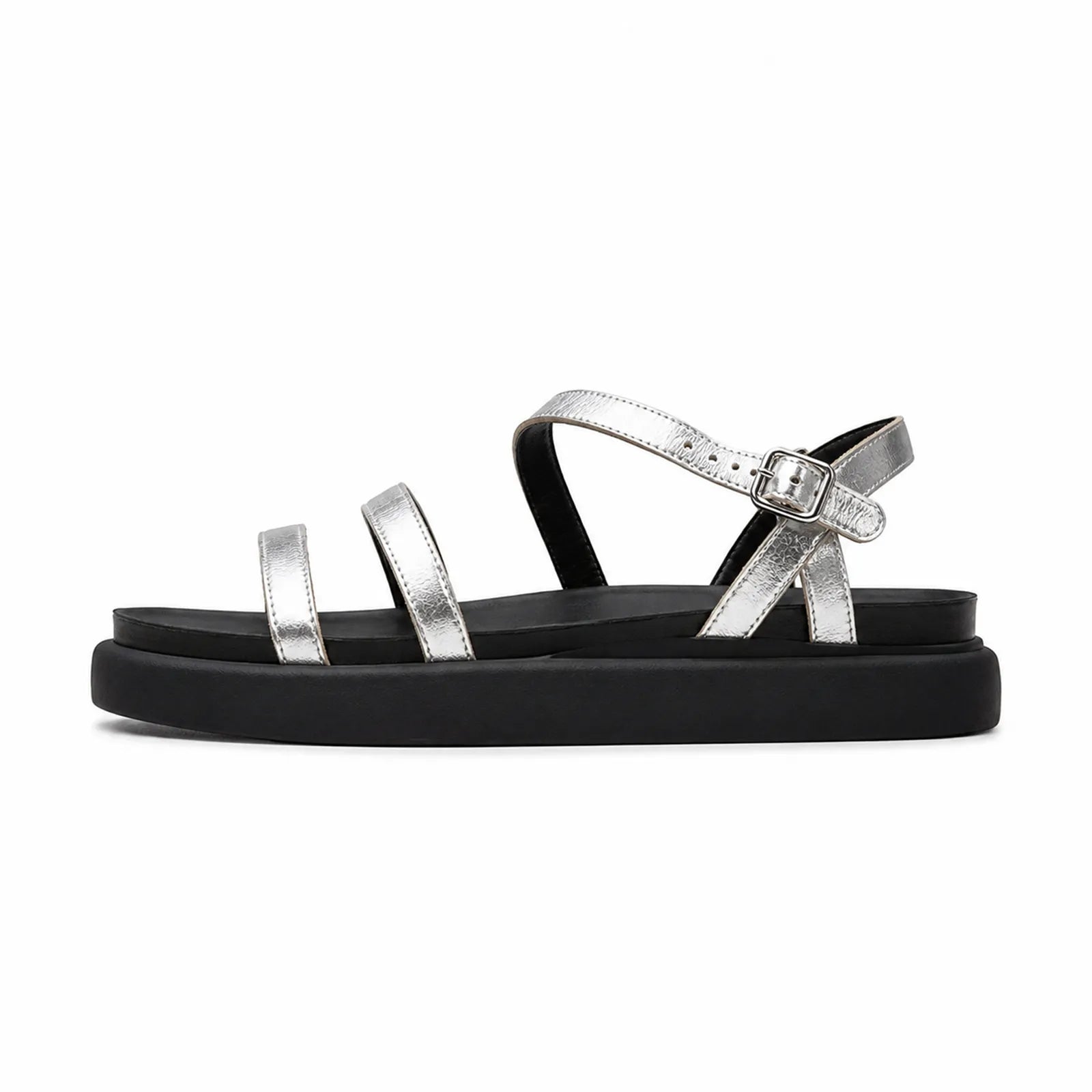 Women's leather sandals with silver ankle strap and two cross straps, black outsole