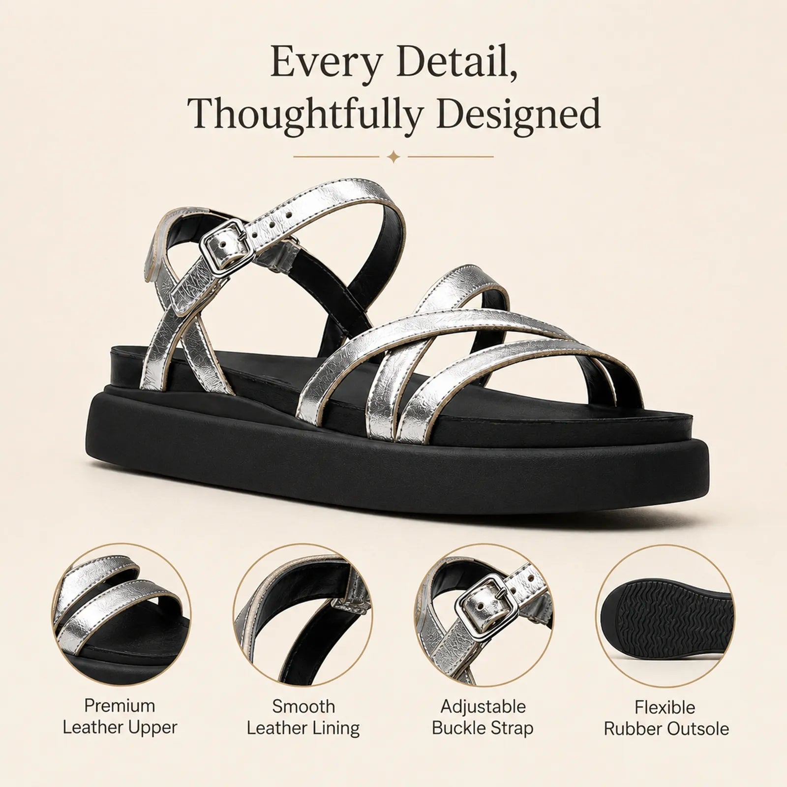 Women's leather sandals with silver buckled straps and cushioned black sole
