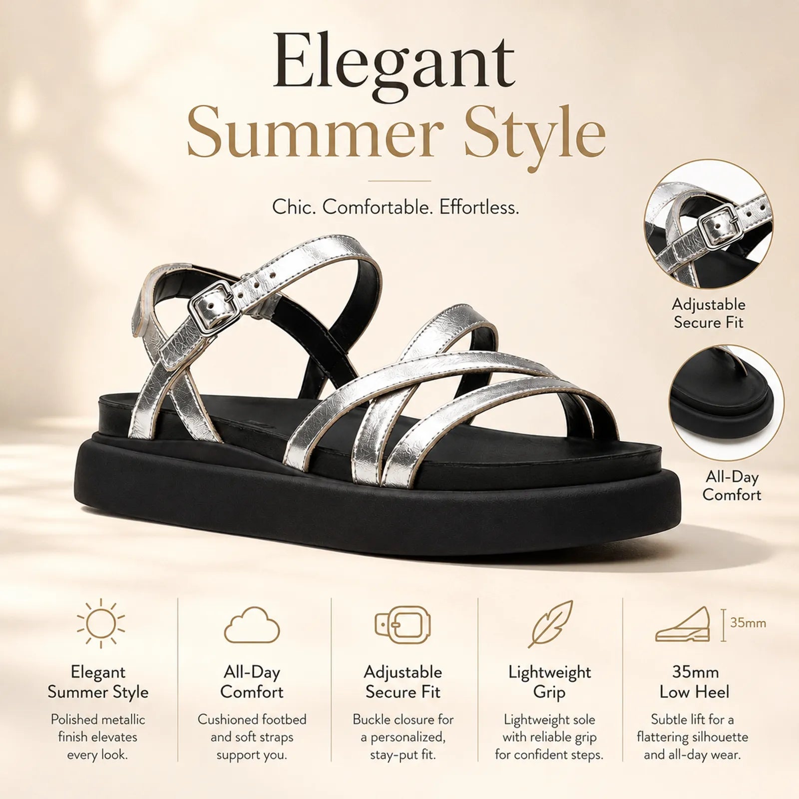 Women's leather sandals with silver straps and adjustable buckle, lightweight black sole