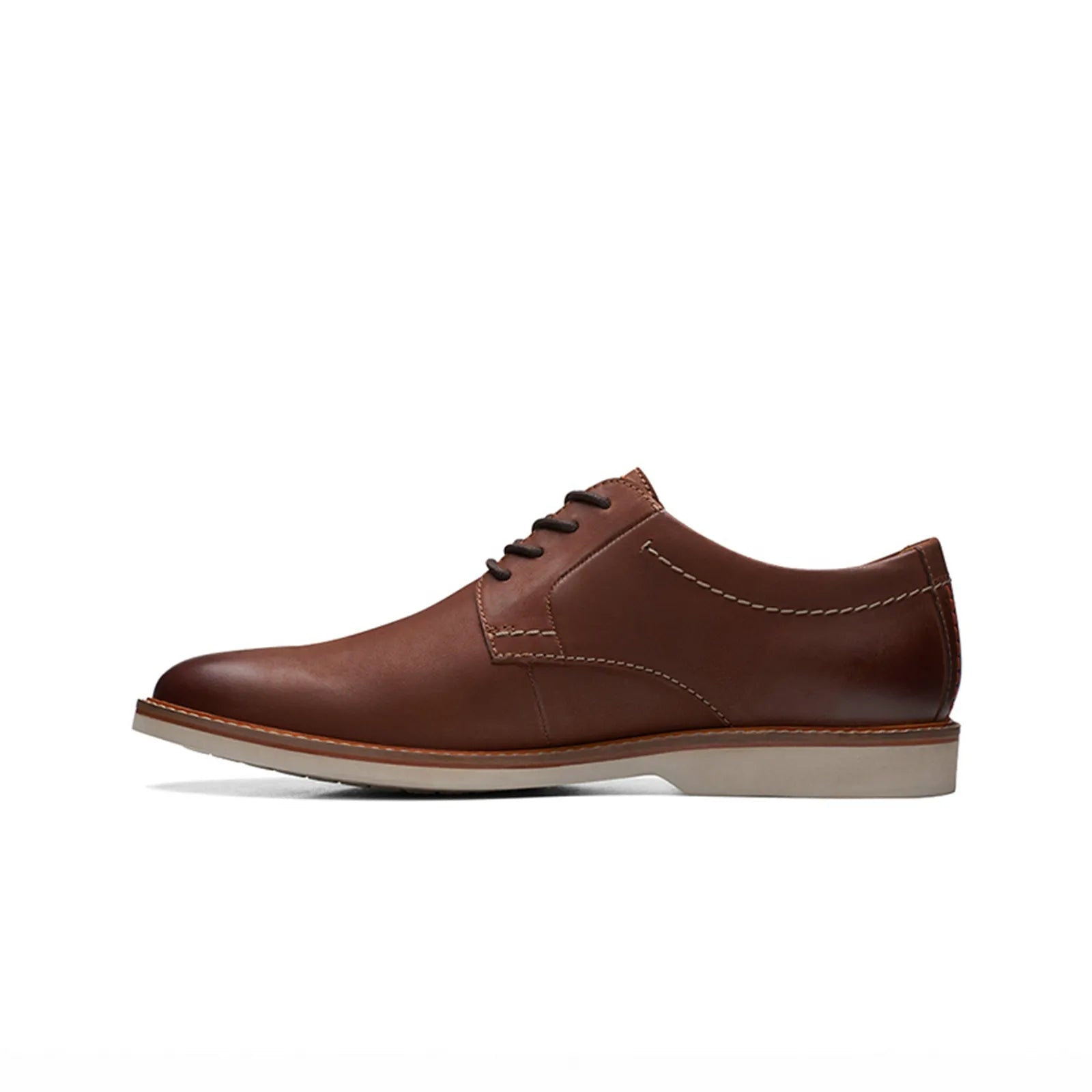 Men's dark brown leather lace-up dress shoe, stitched seam and light sole