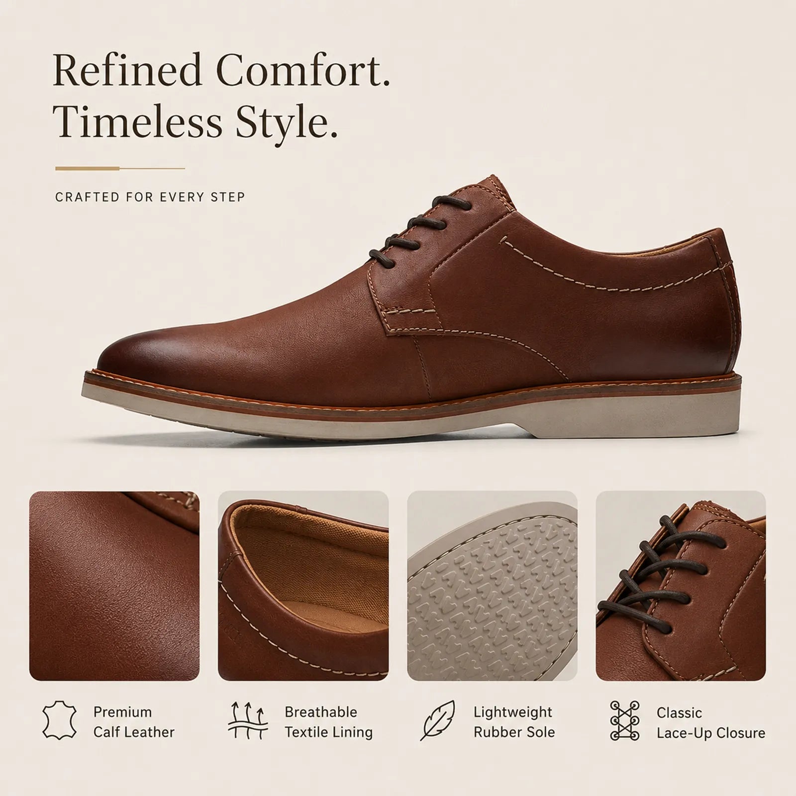 Men's dark brown leather lace-up shoe, stitched upper and cushioned sole