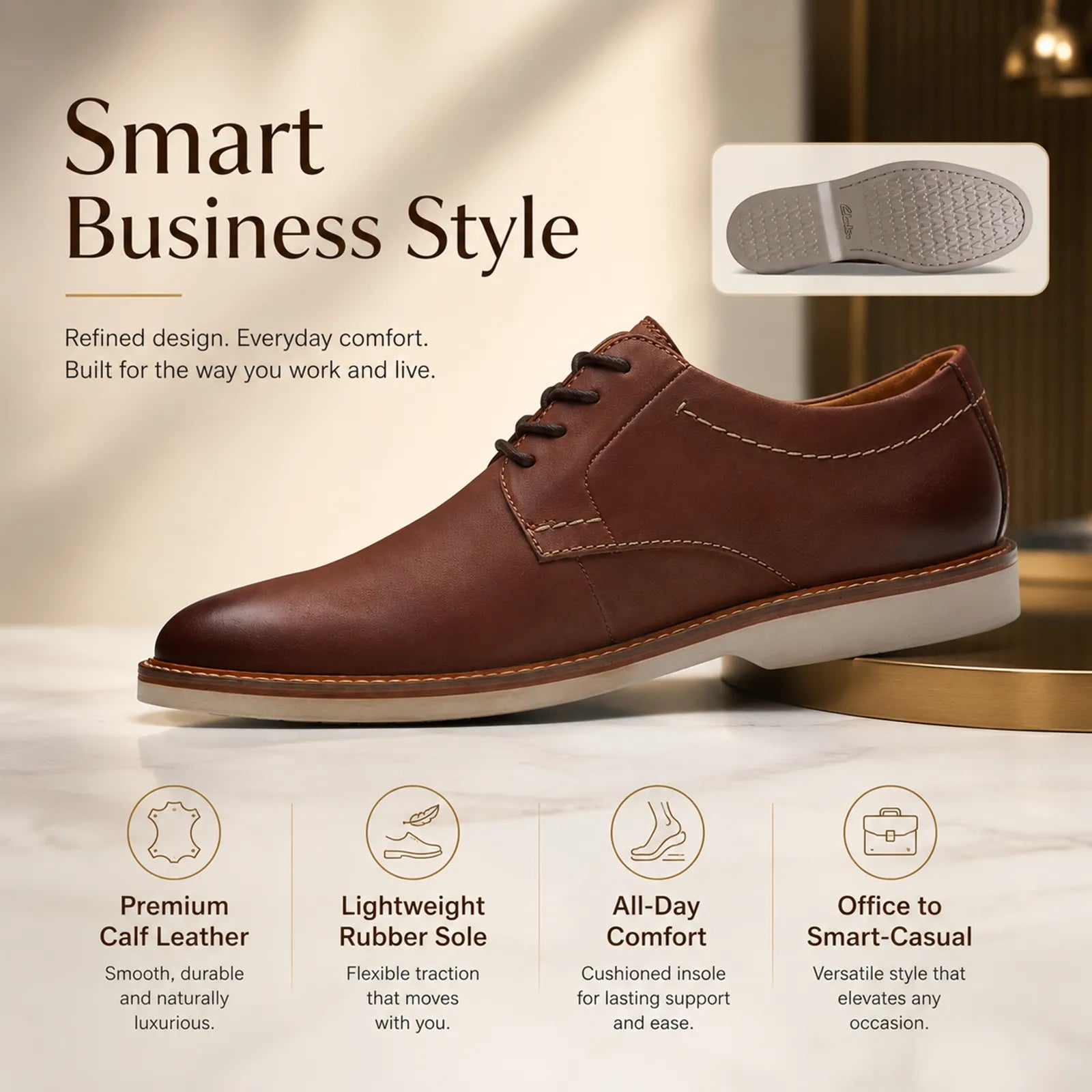 Men's dark brown leather lace-up office shoe, low heel and stitched upper