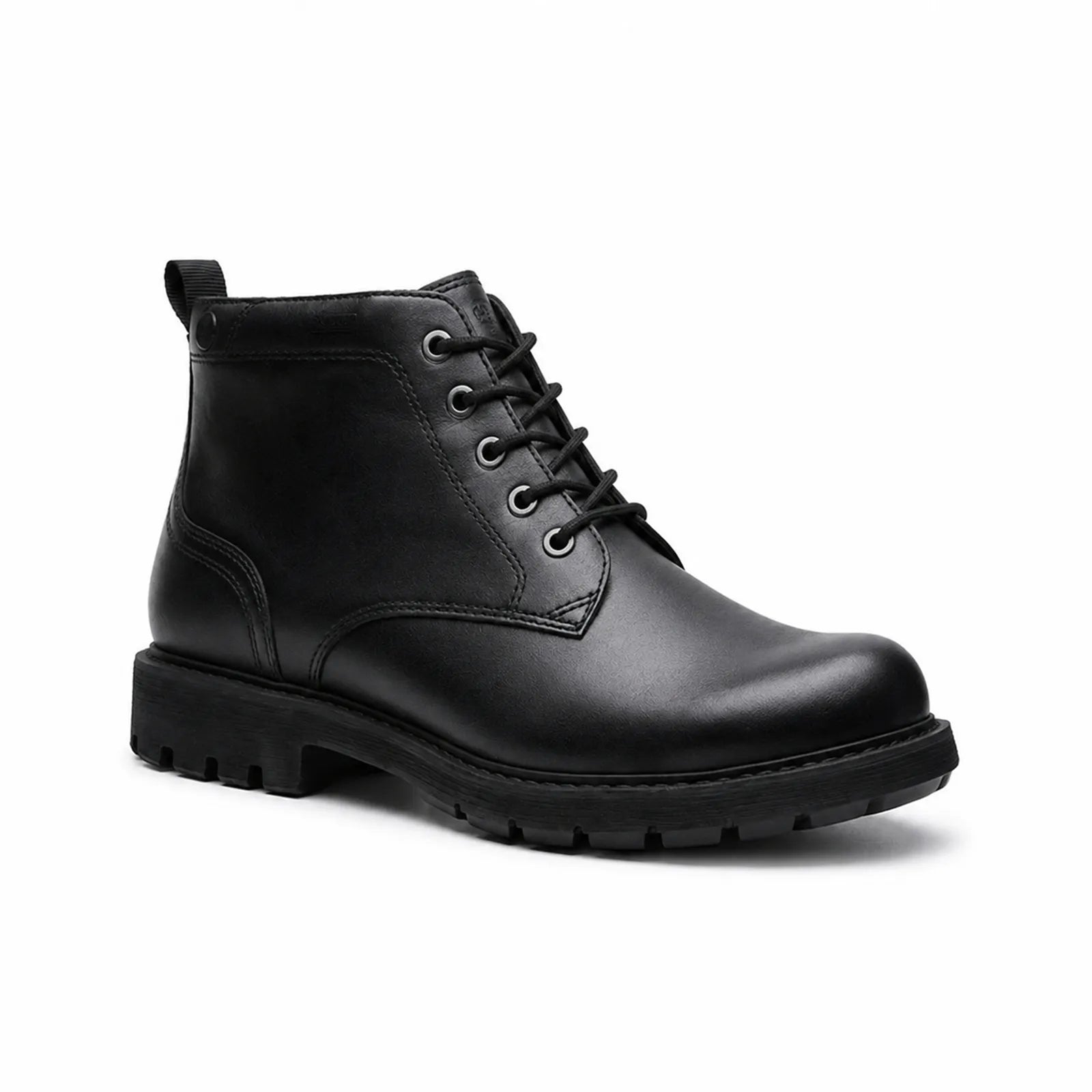 Men's black leather casual boot sneaker with lace-up and cushioned midsole