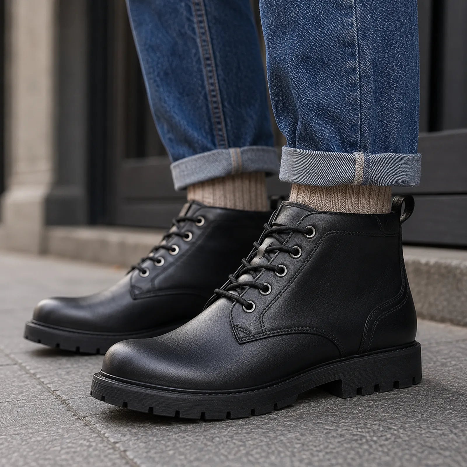Men's black lace-up leather boot sneaker with thick lug sole