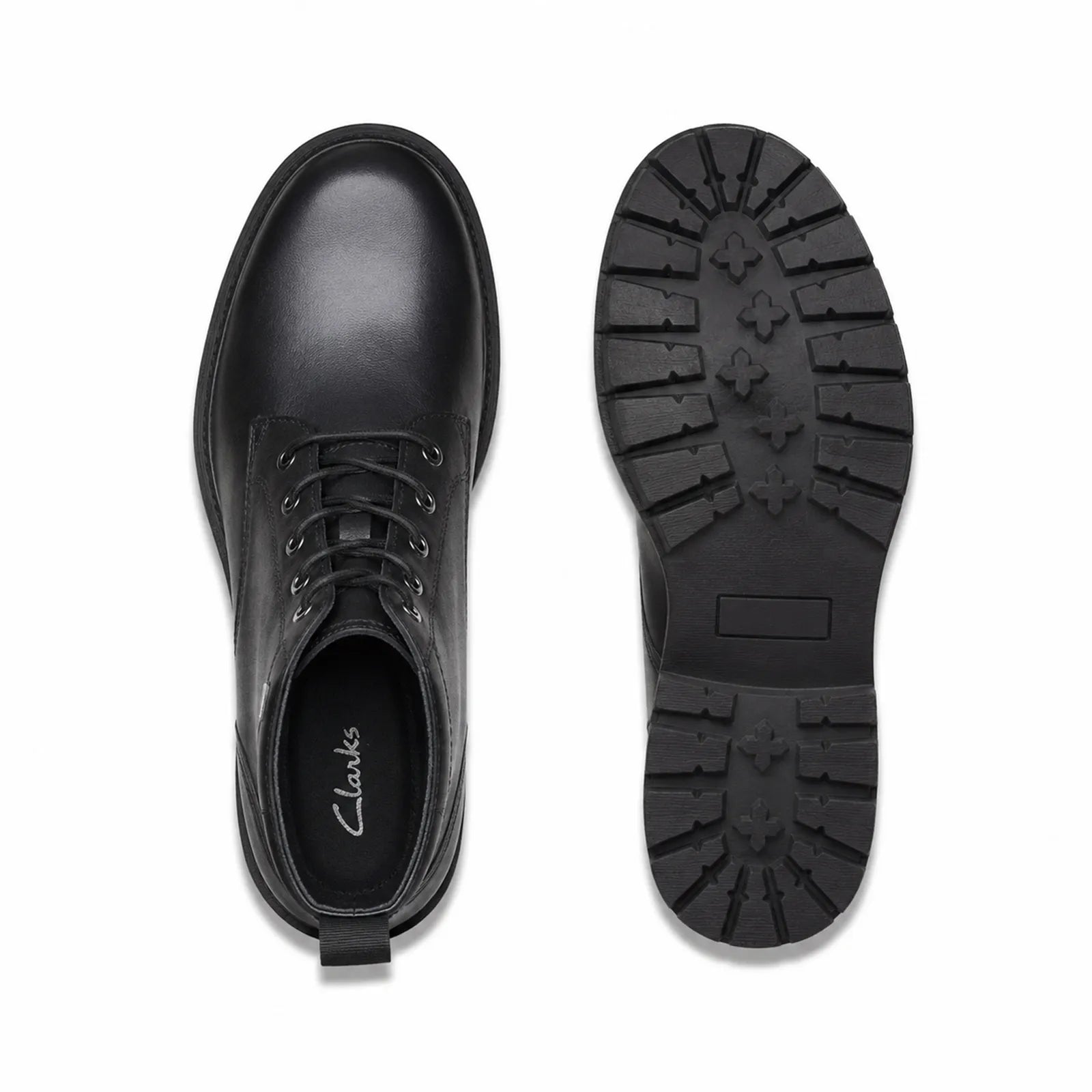 Men's black leather boot sneaker with lace-up; outsole view with tread