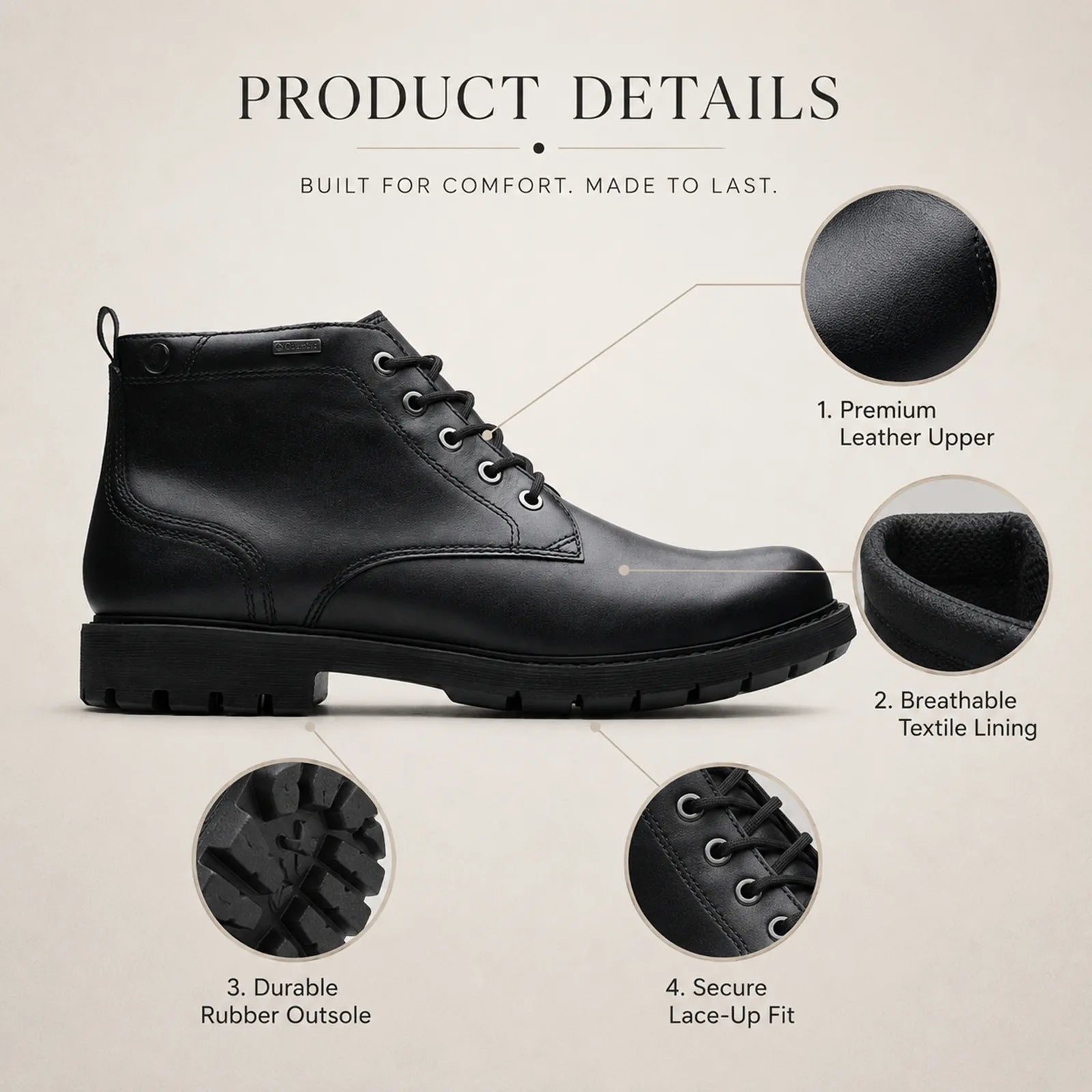 Men's black leather lace-up boot sneaker, side view showing durable outsole