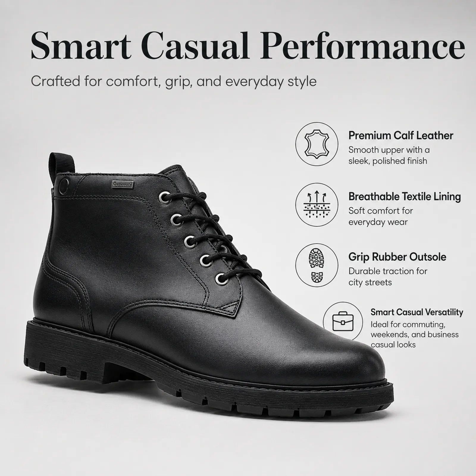 Men's black leather lace-up boot sneaker with mid-height shaft and lug sole