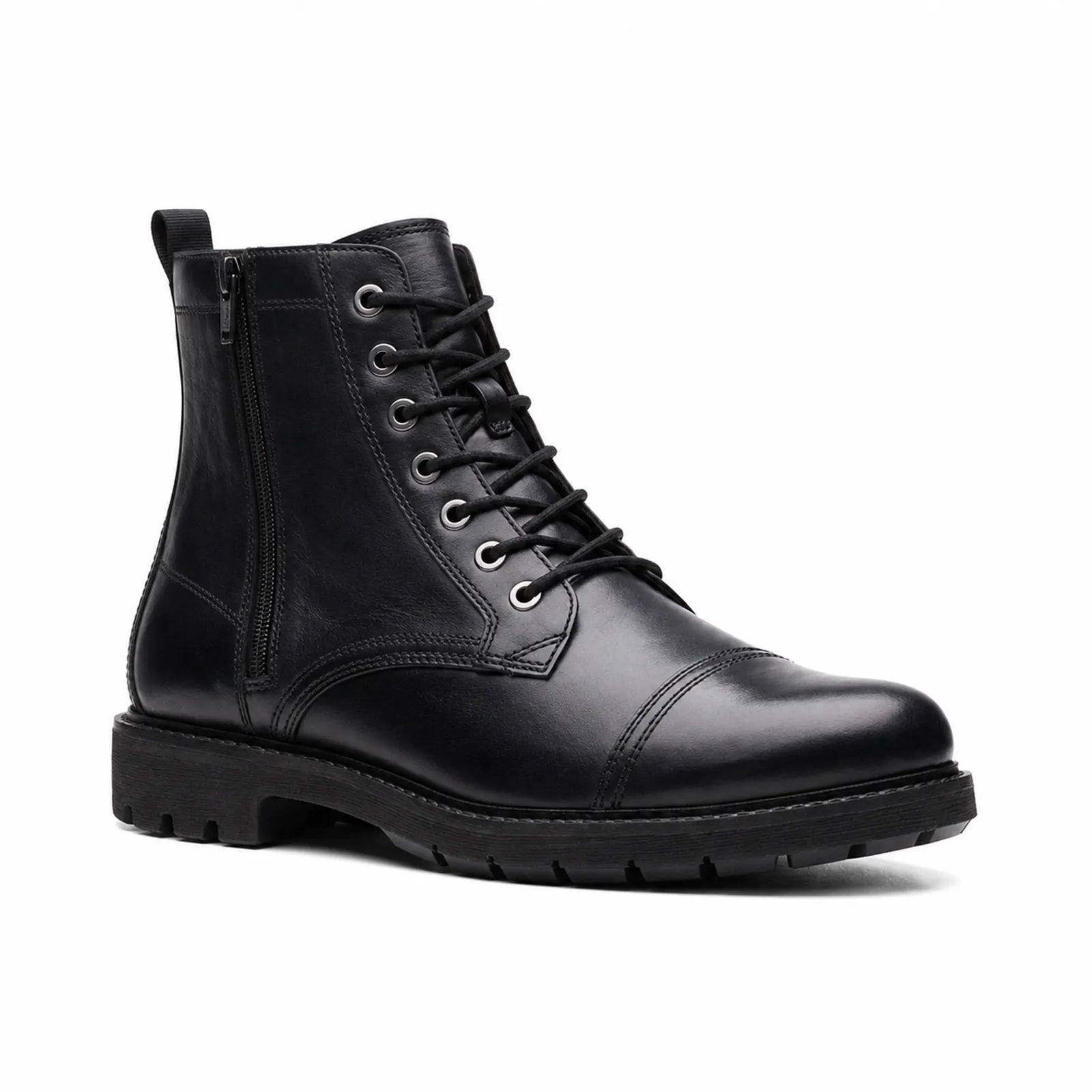 Men's black leather lace-up ankle boots with side zipper and chunky tread sole