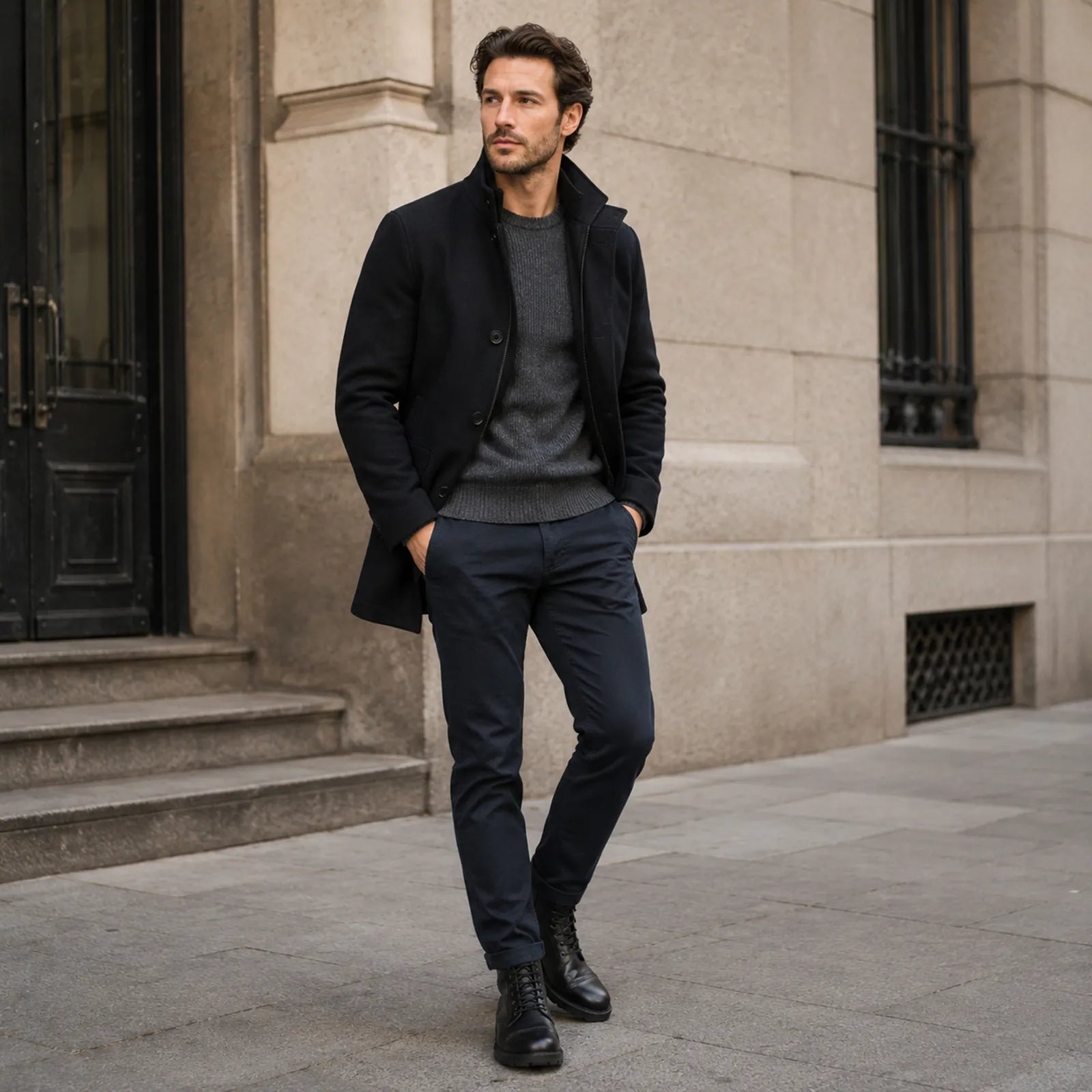 Men's black leather lace-up boots with thick rubber sole worn with dark jeans