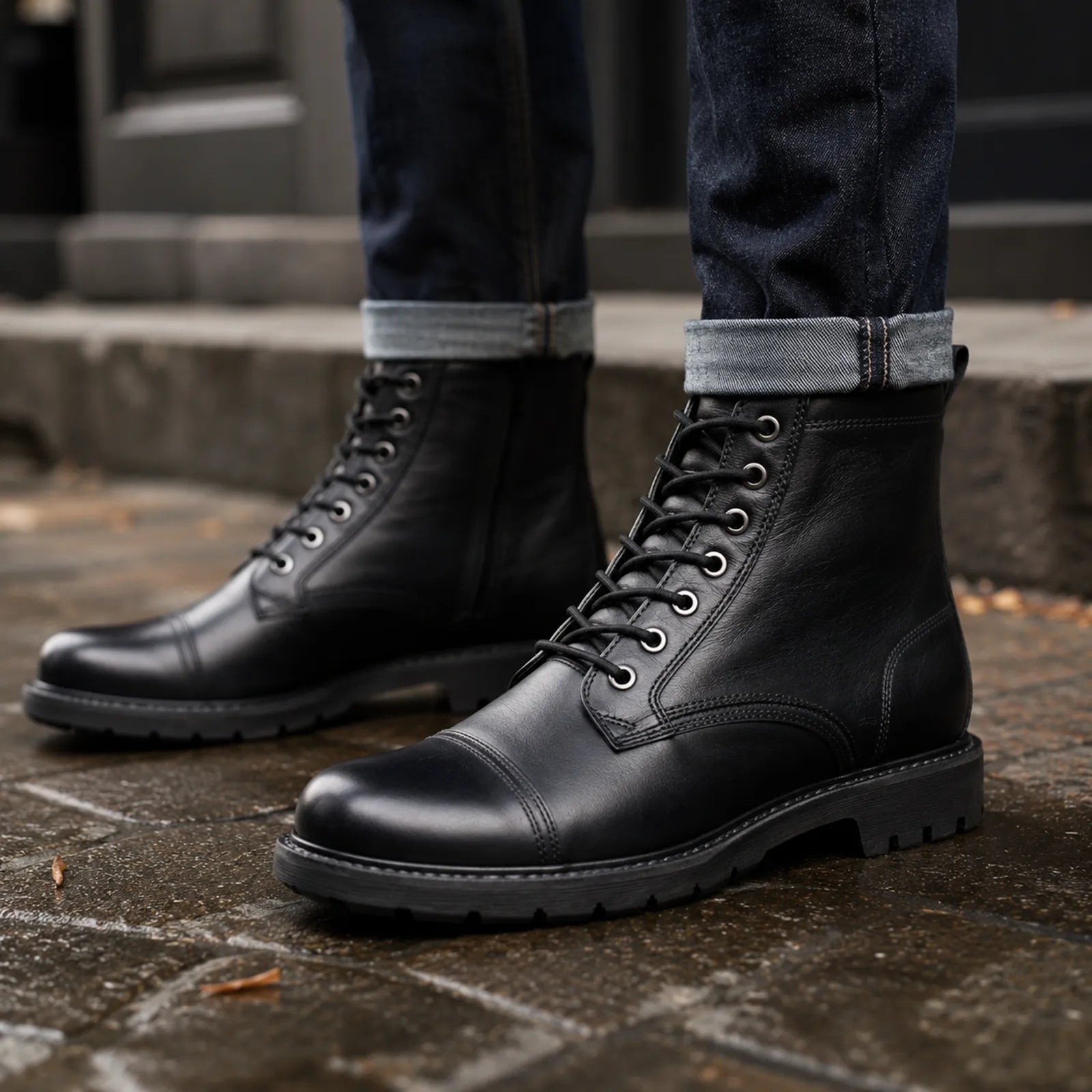 Men's black leather lace-up ankle boots with rugged tread sole and rounded toe