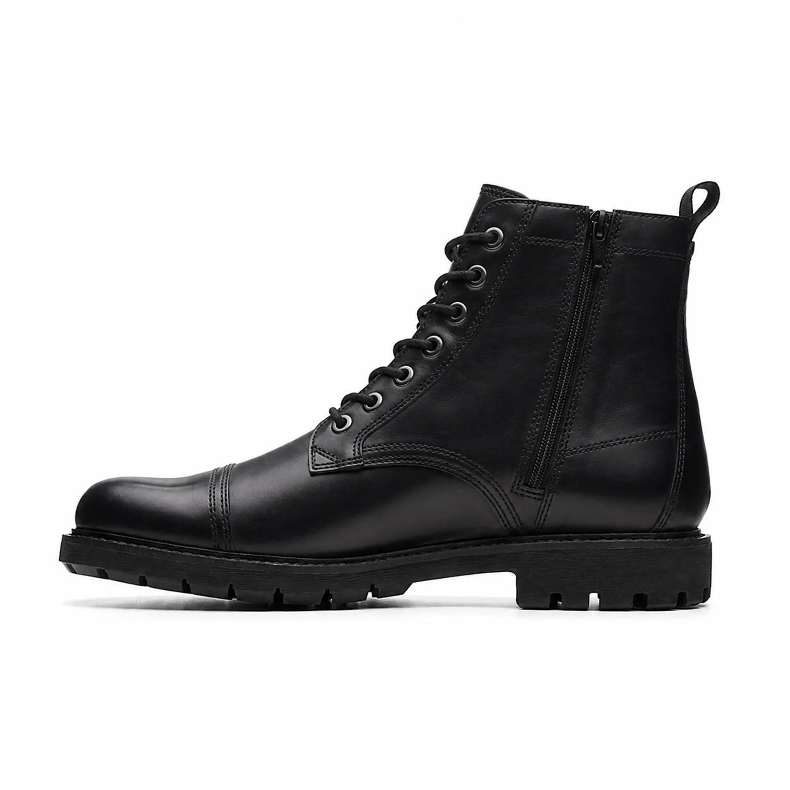 Men's black leather lace-up ankle boots with side zip and thick rubber tread sole