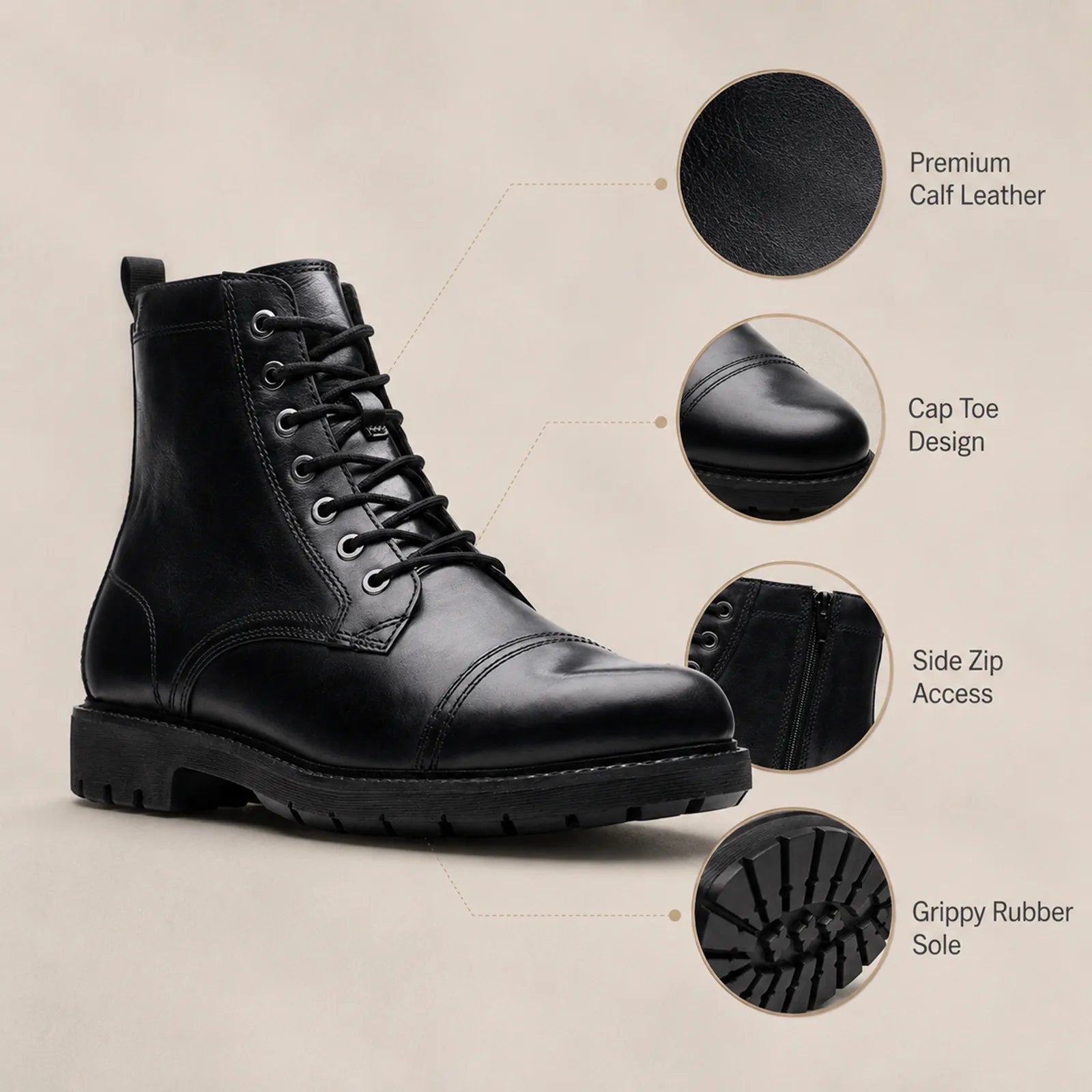 Men's black leather lace-up ankle boots with cushioned sole and side zip detail