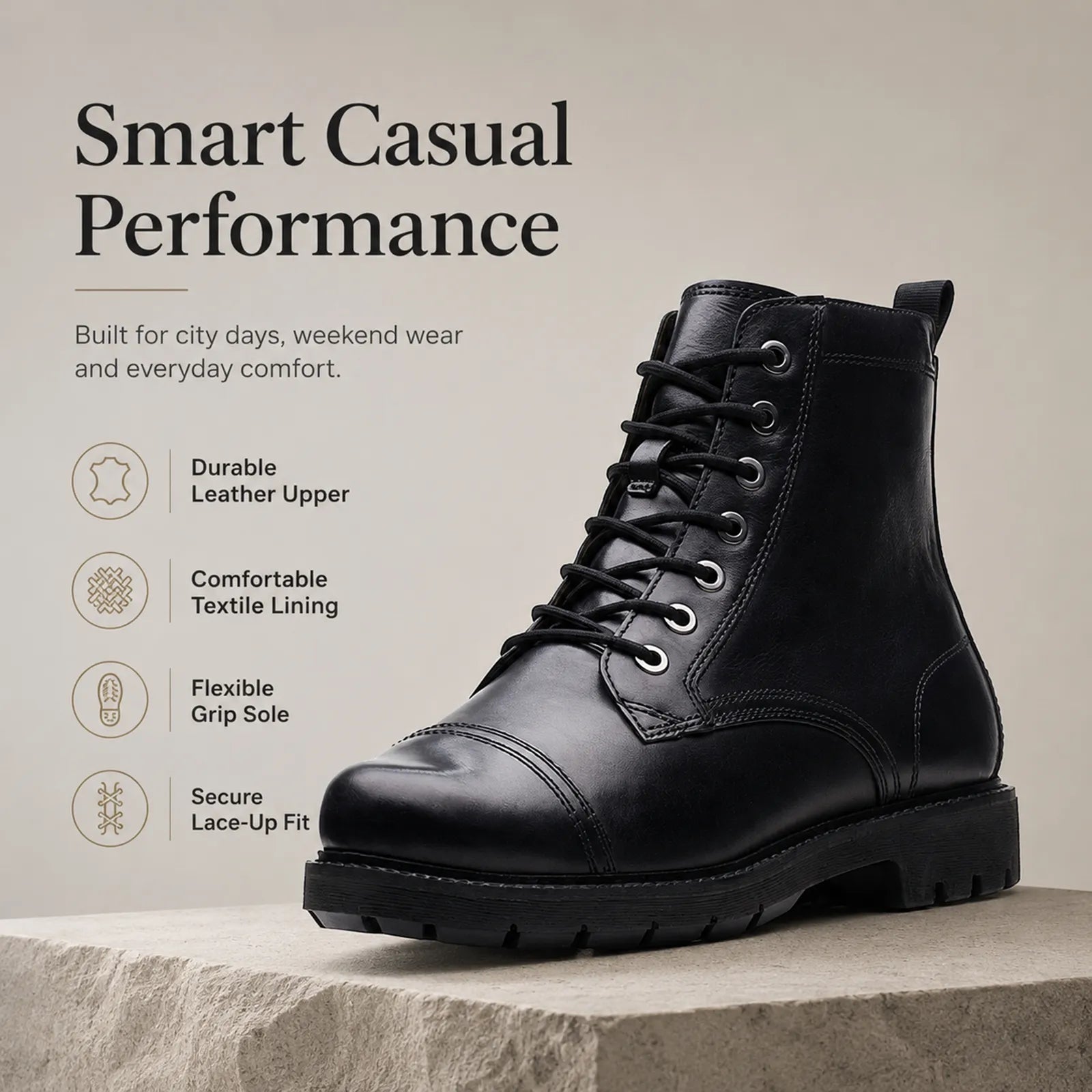 Men's black leather lace-up ankle boots with thick rubber sole
