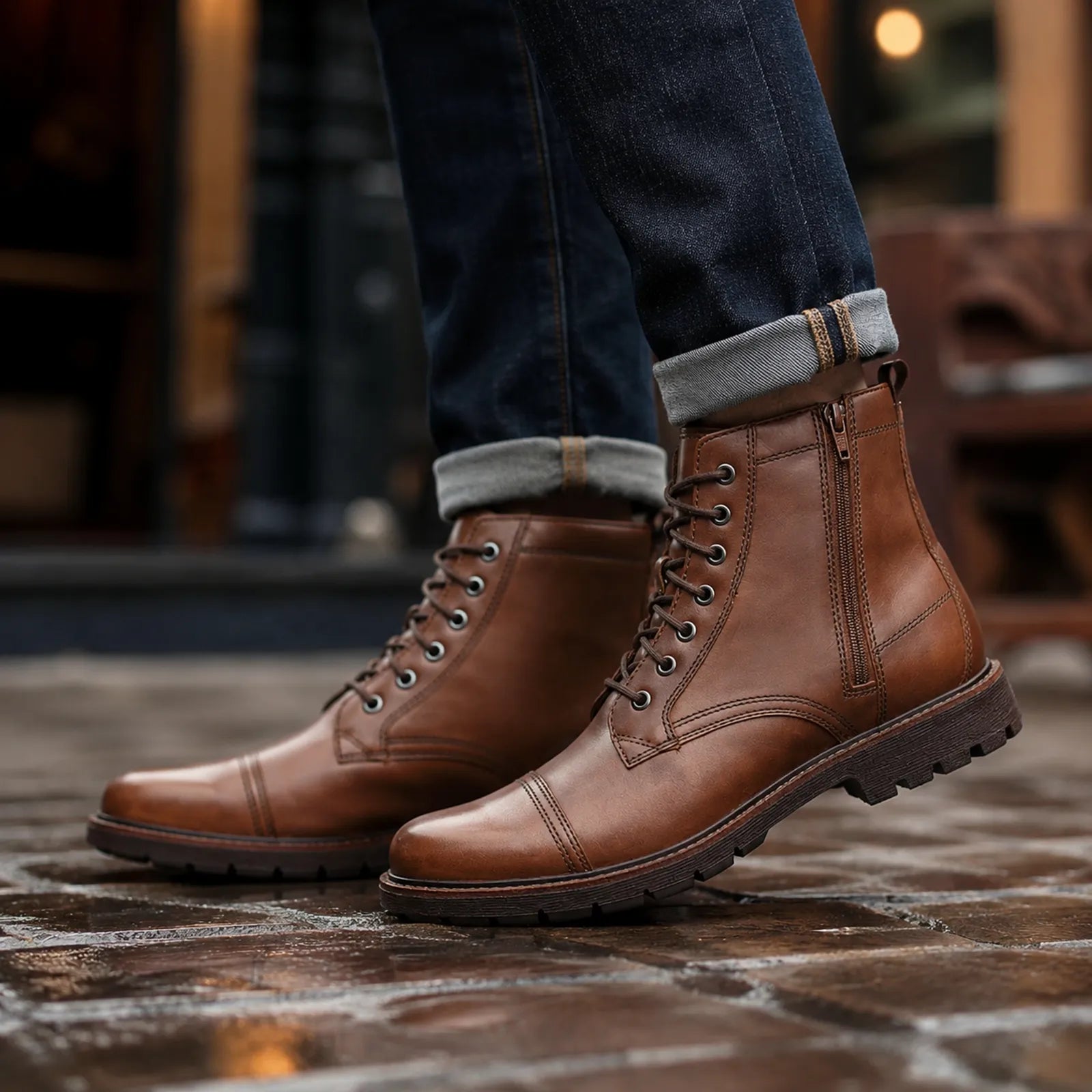 Men's brown leather lace-up ankle boots with stitch detail and rugged tread sole