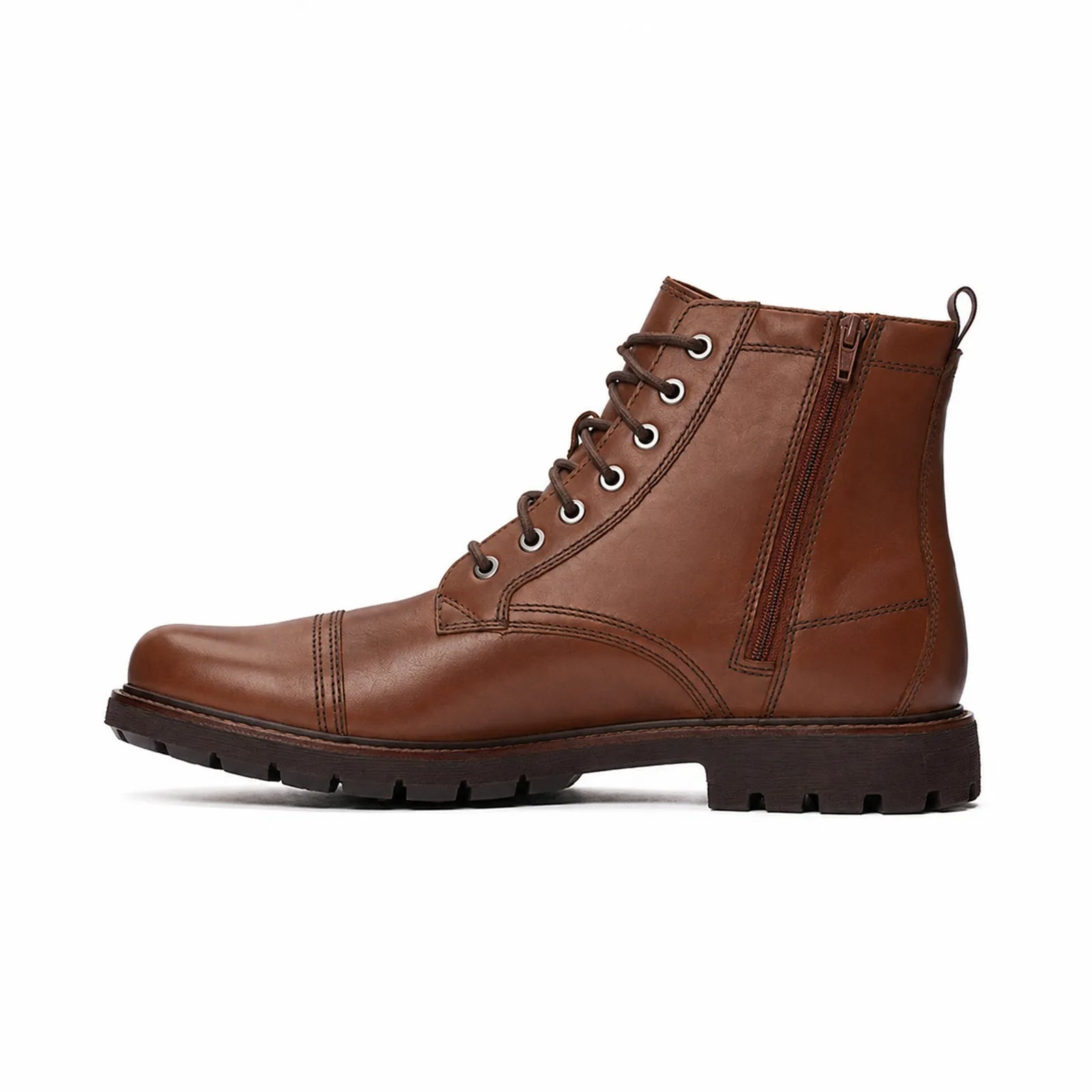 Men's brown leather lace-up ankle boots with side pull tab and tread sole