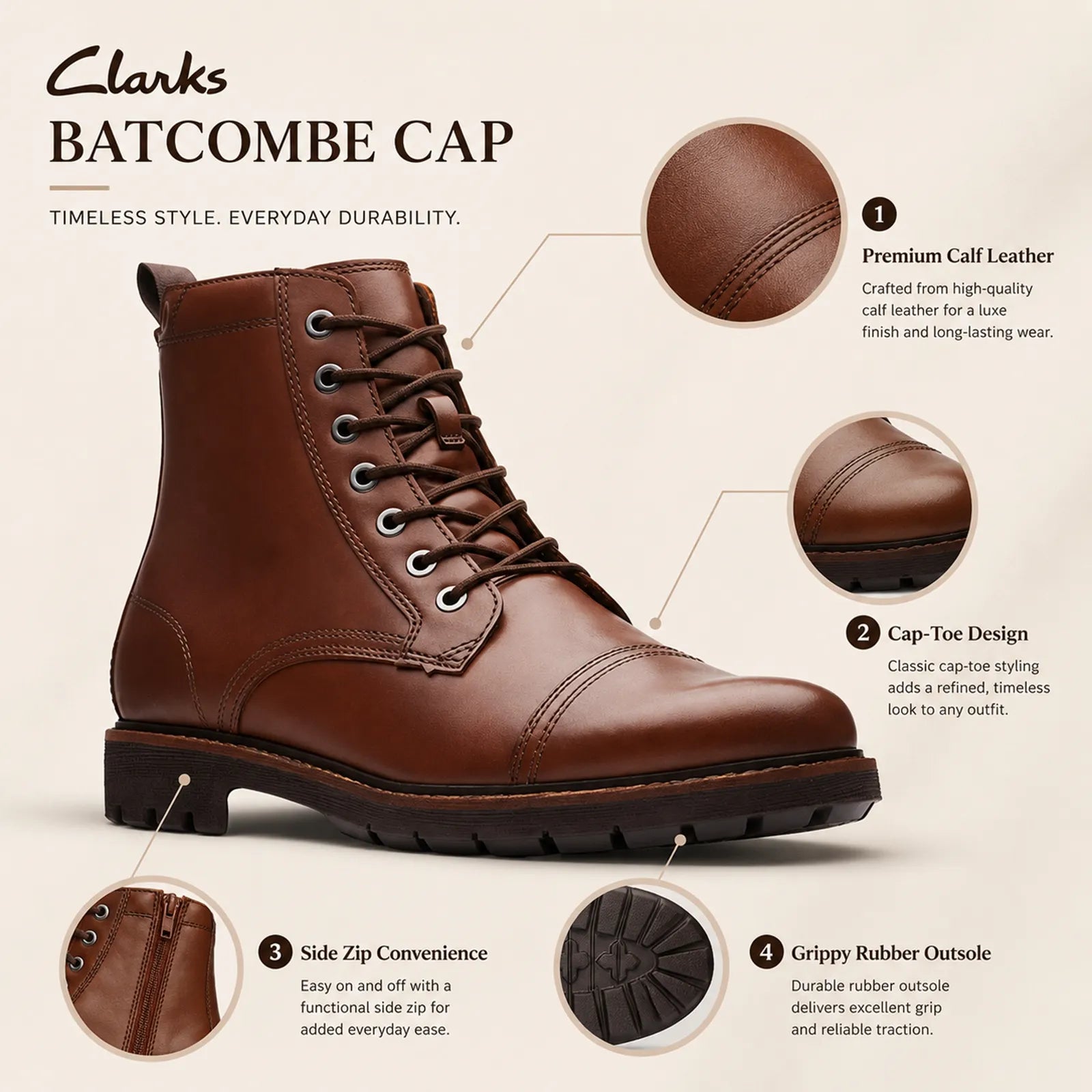 Men's brown leather lace-up ankle boots with cap-toe design and rugged outsole