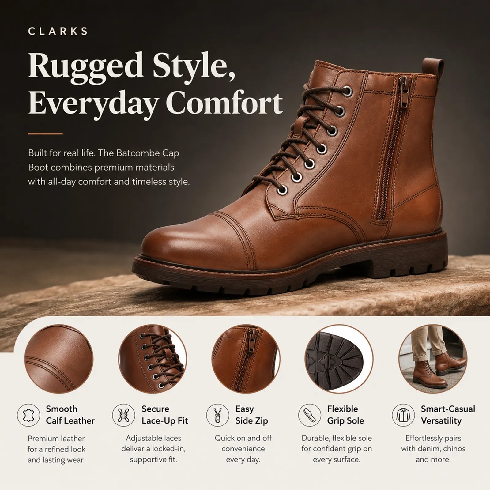 Men's brown leather lace-up ankle boots with side zip, padded collar, and grippy sole