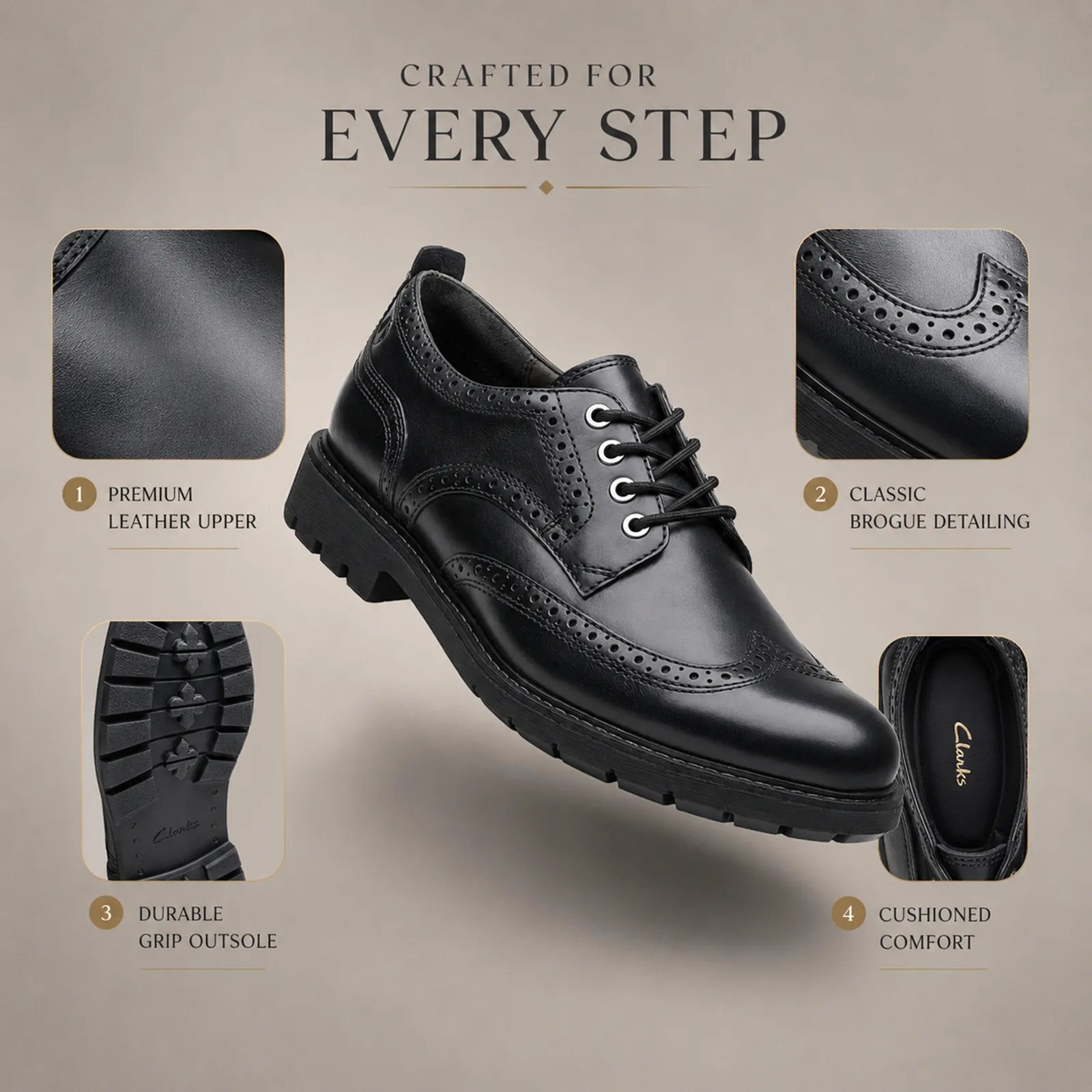 Men's black leather lace-up business shoes with brogue-style perforations and thick sole