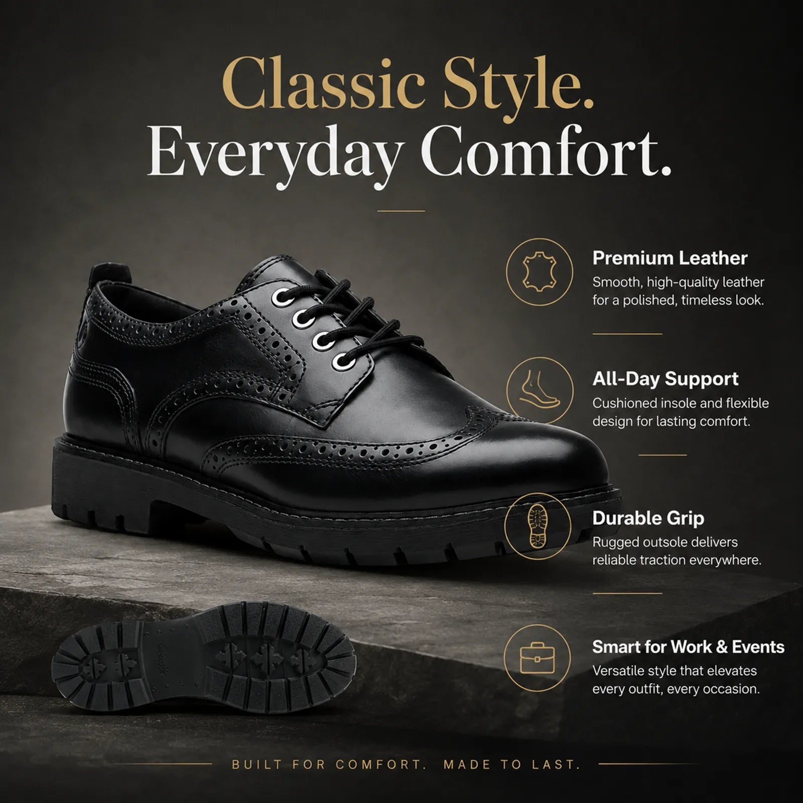 Men's black leather lace-up business shoes with durable rubber grip outsole