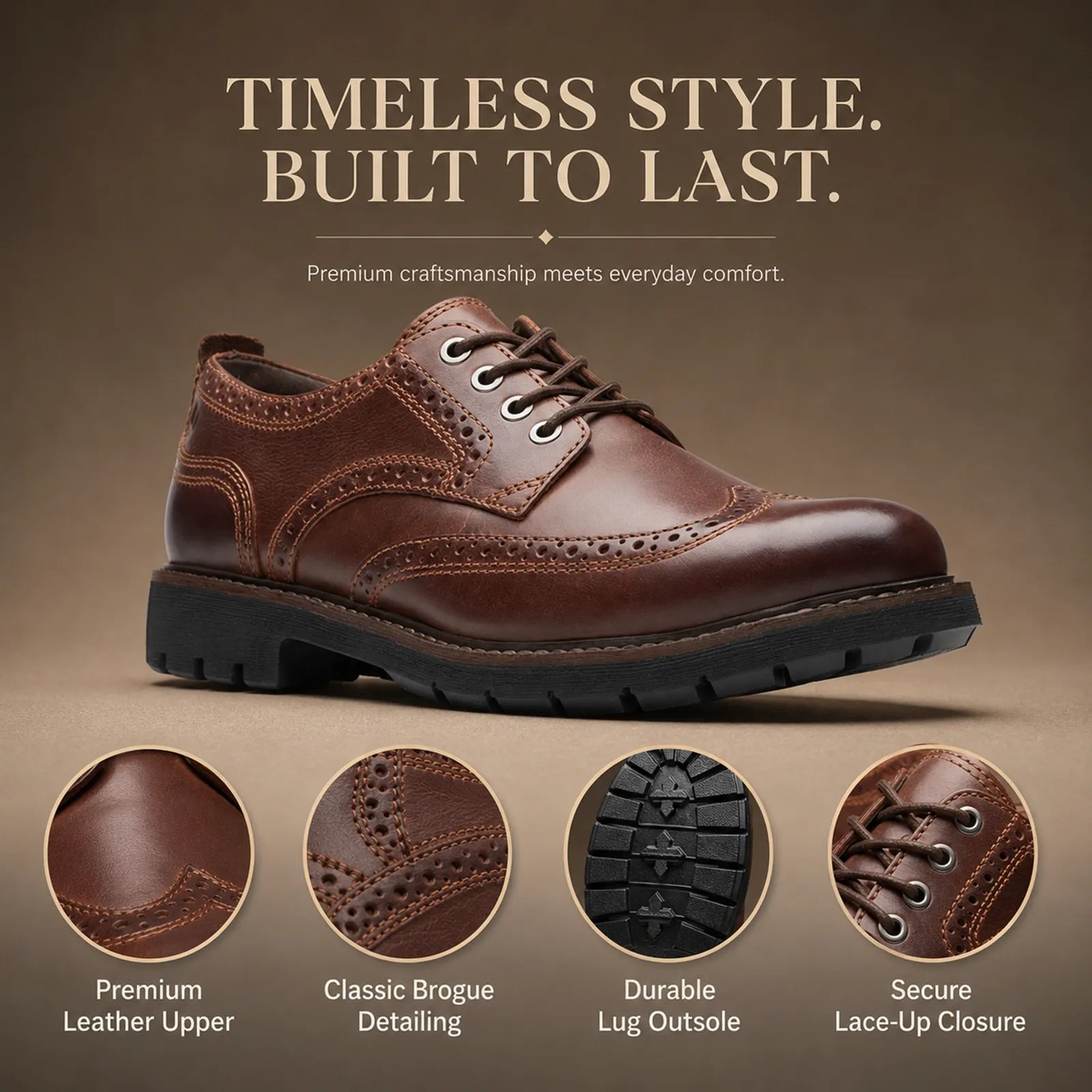 Men’s leather business shoes, brown, lace-up design with brogue detailing and rubber outsole