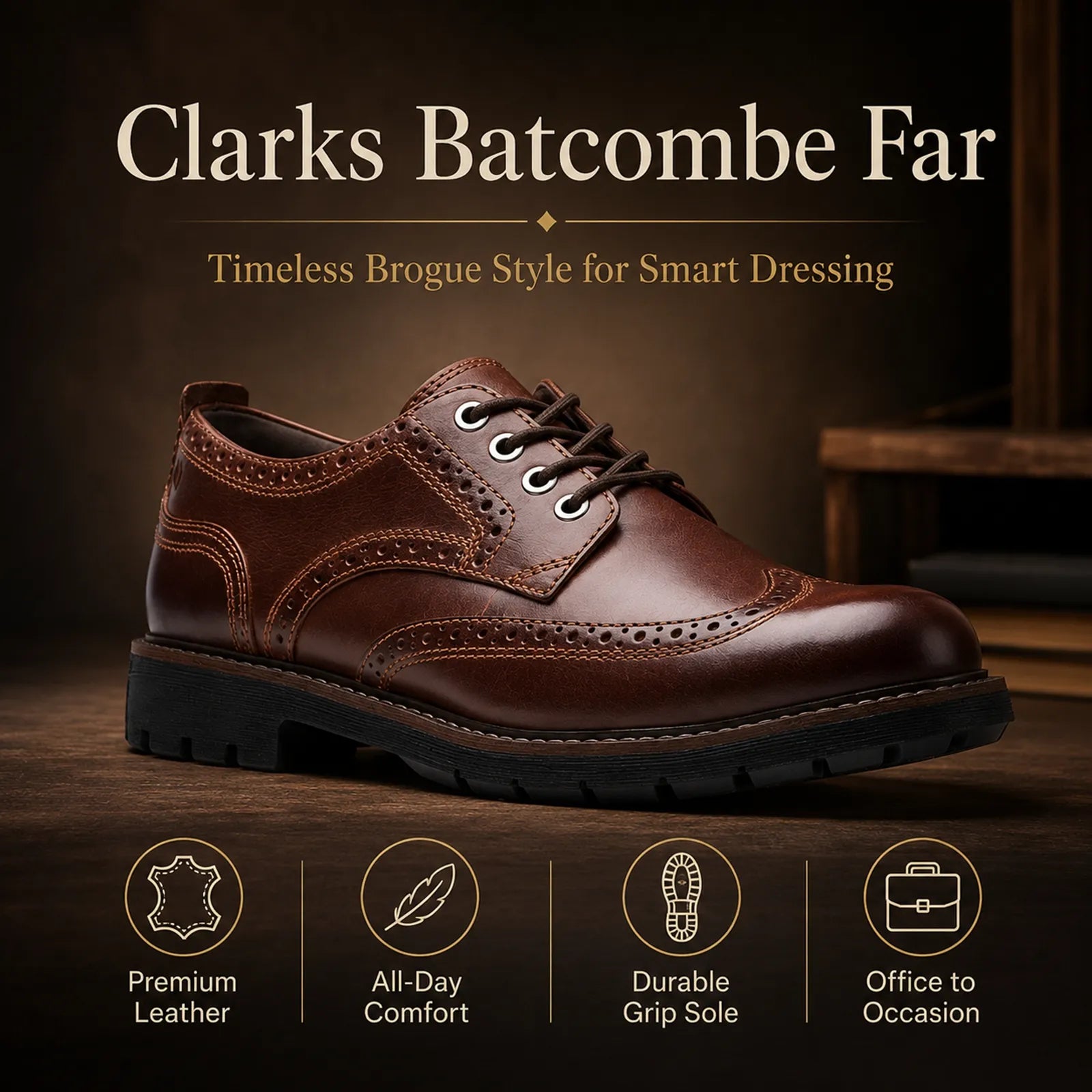 Clarks Batcombe Far men’s leather business shoes, brown lace-up with brogue styling