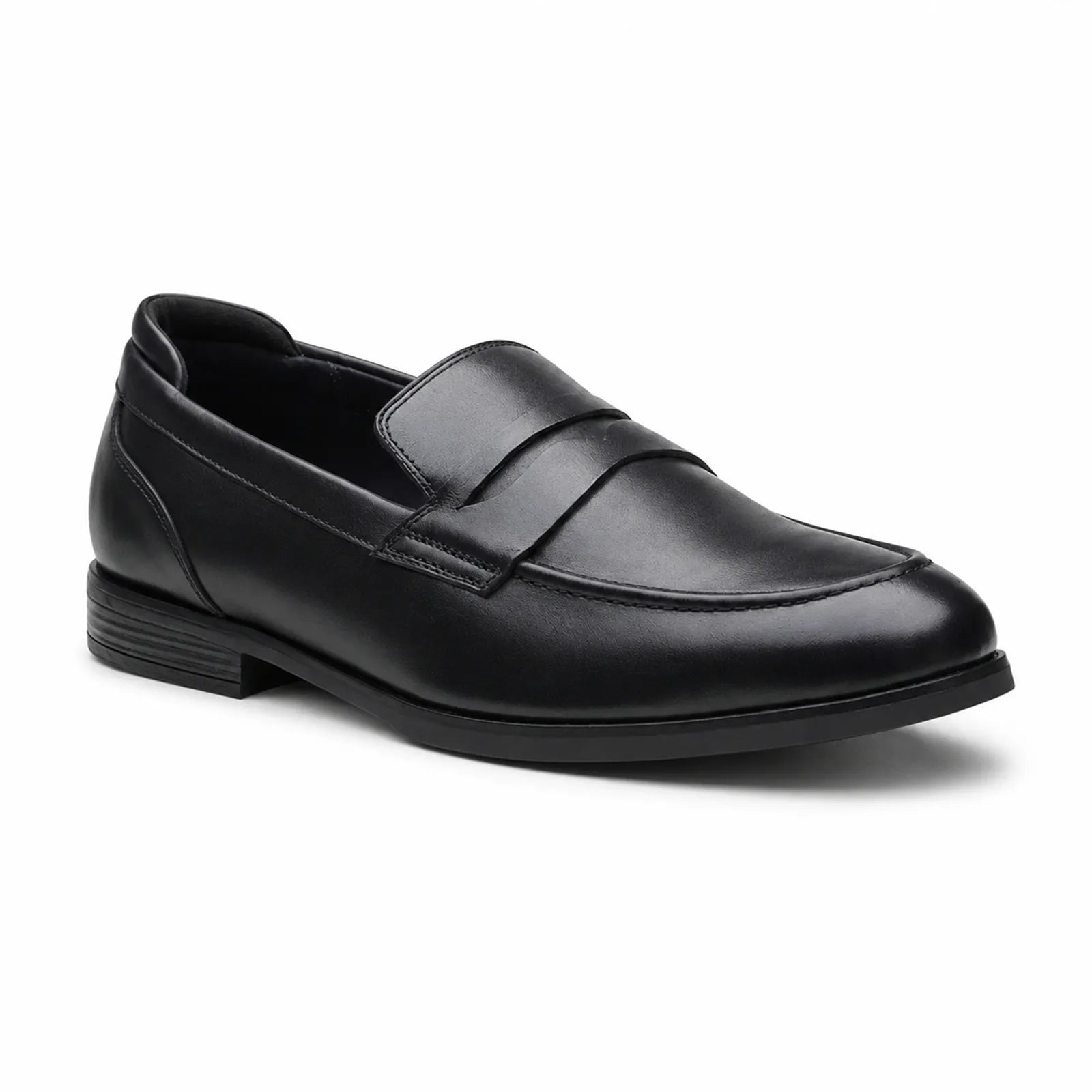 Men's black leather slip-on business loafers with apron vamp and low block heel