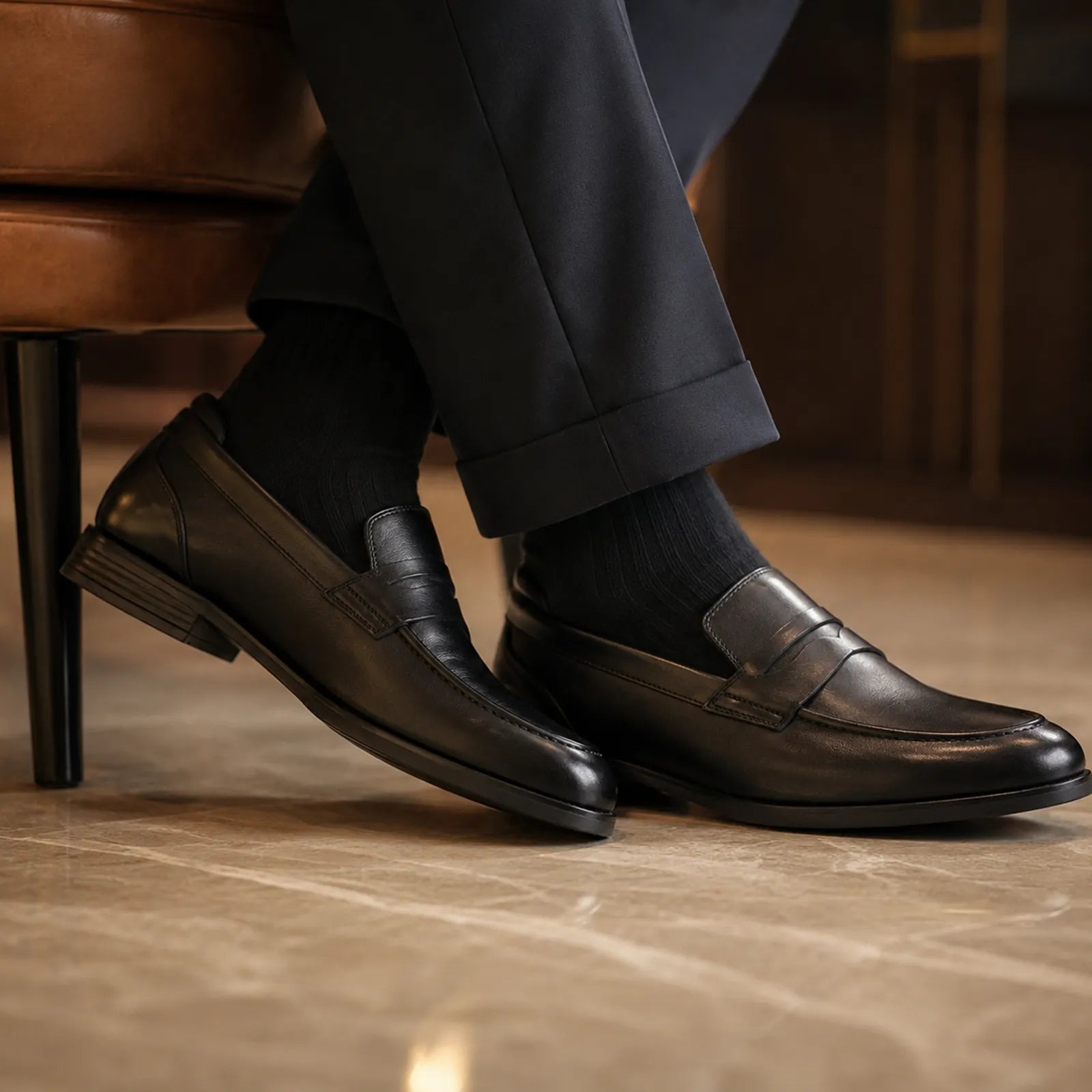 Black leather slip-on loafers with stitched apron and textured sole
