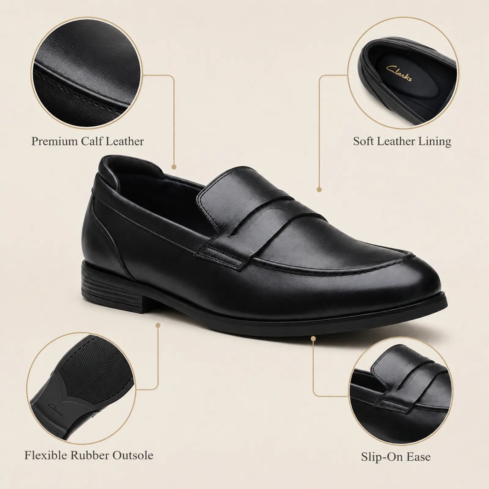 Black leather slip-on loafers with stitched vamp and flexible rubber outsole