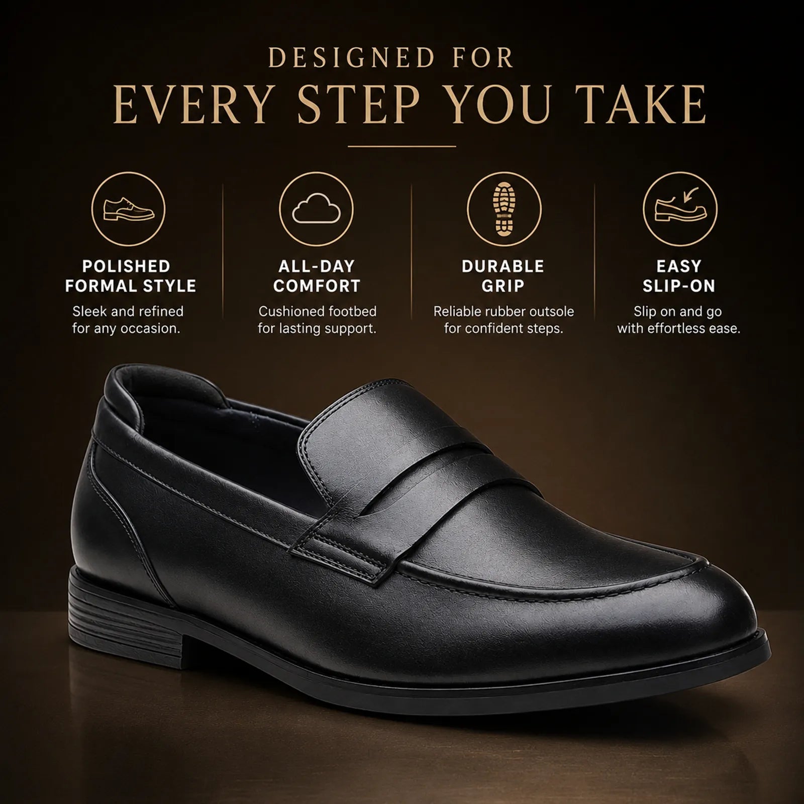 Black leather slip-on formal loafer with apron vamp and low stacked heel