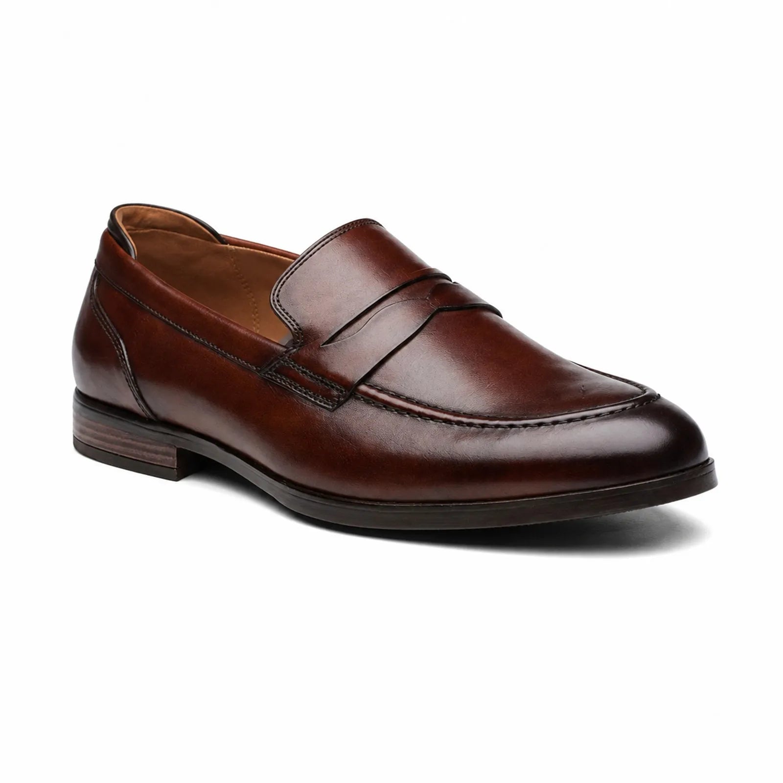Men's brown leather slip-on loafers with stitched apron and low block heel