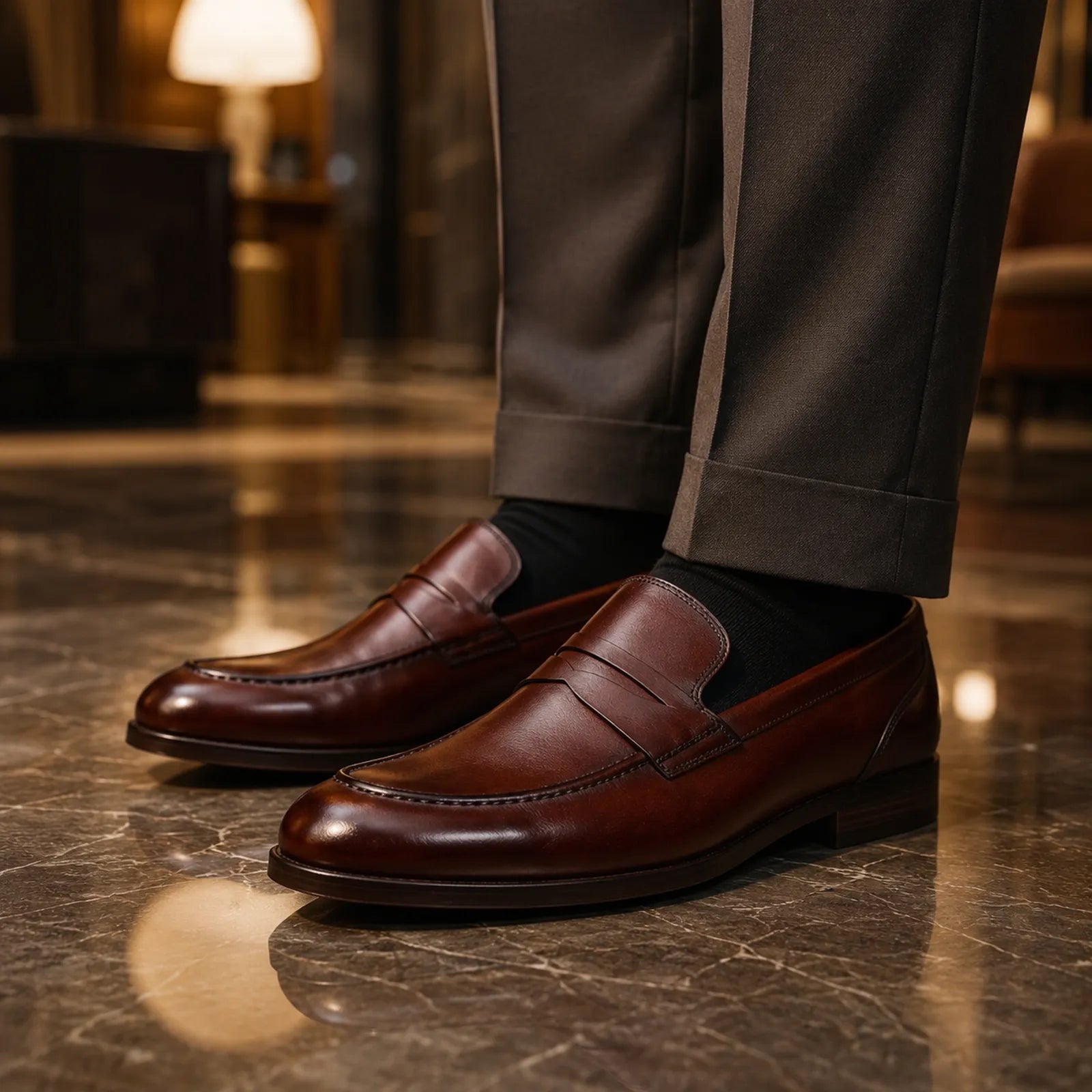 Brown leather slip-on loafers with stitched apron and rubber sole