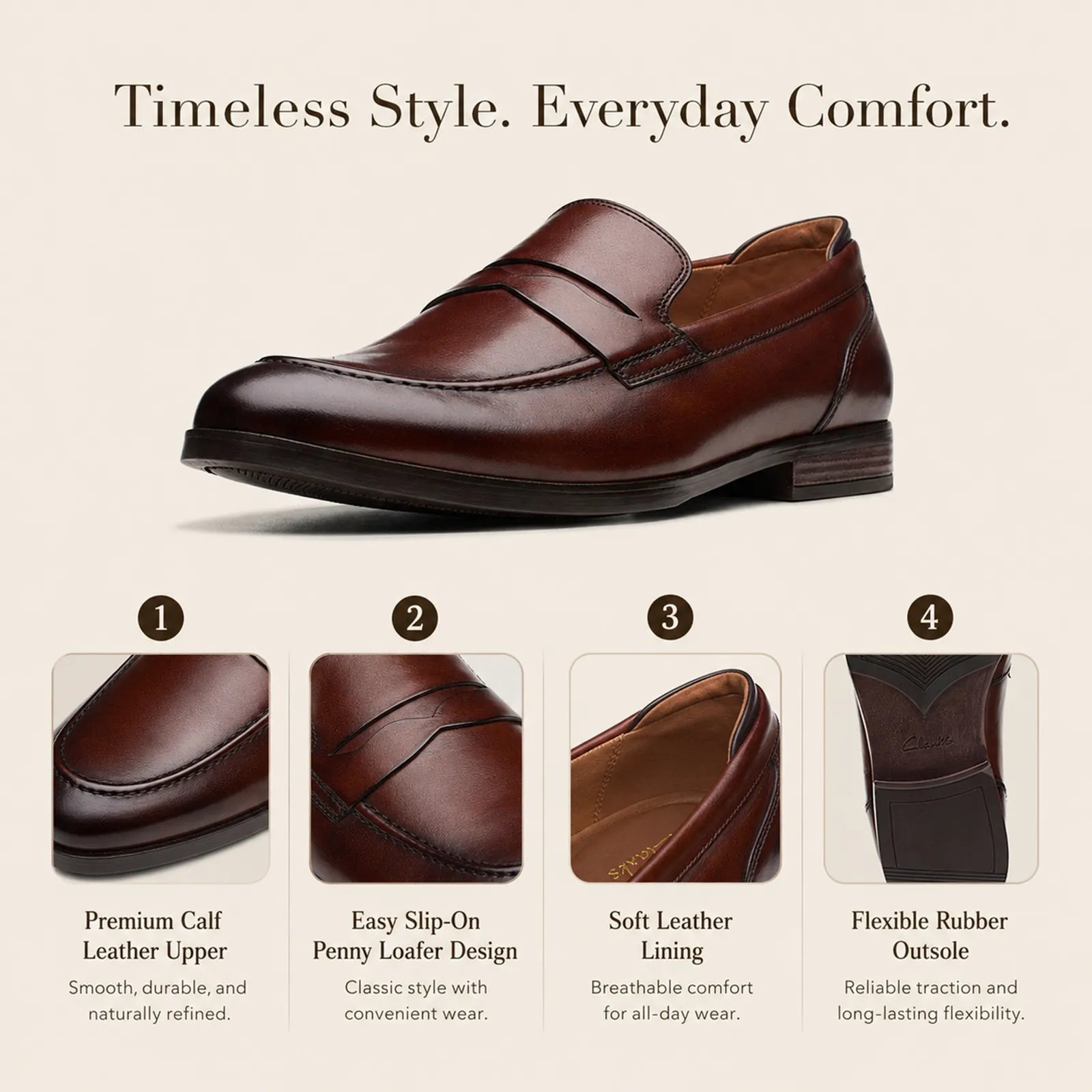 Men’s dark leather slip-on business shoe, smooth upper and low heel sole