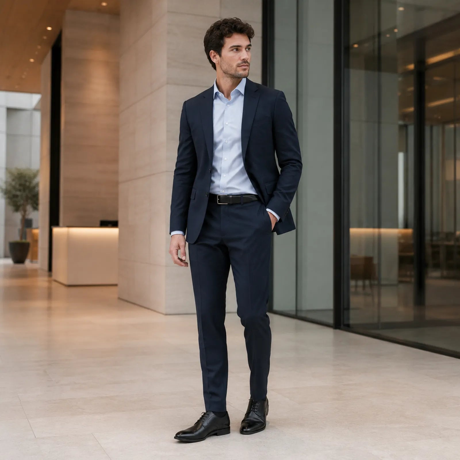 Men's black leather lace-up business shoes on model, standing side view