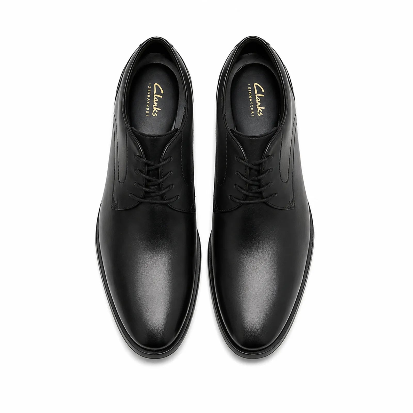 Men's black leather lace-up dress shoes, pair shown front view