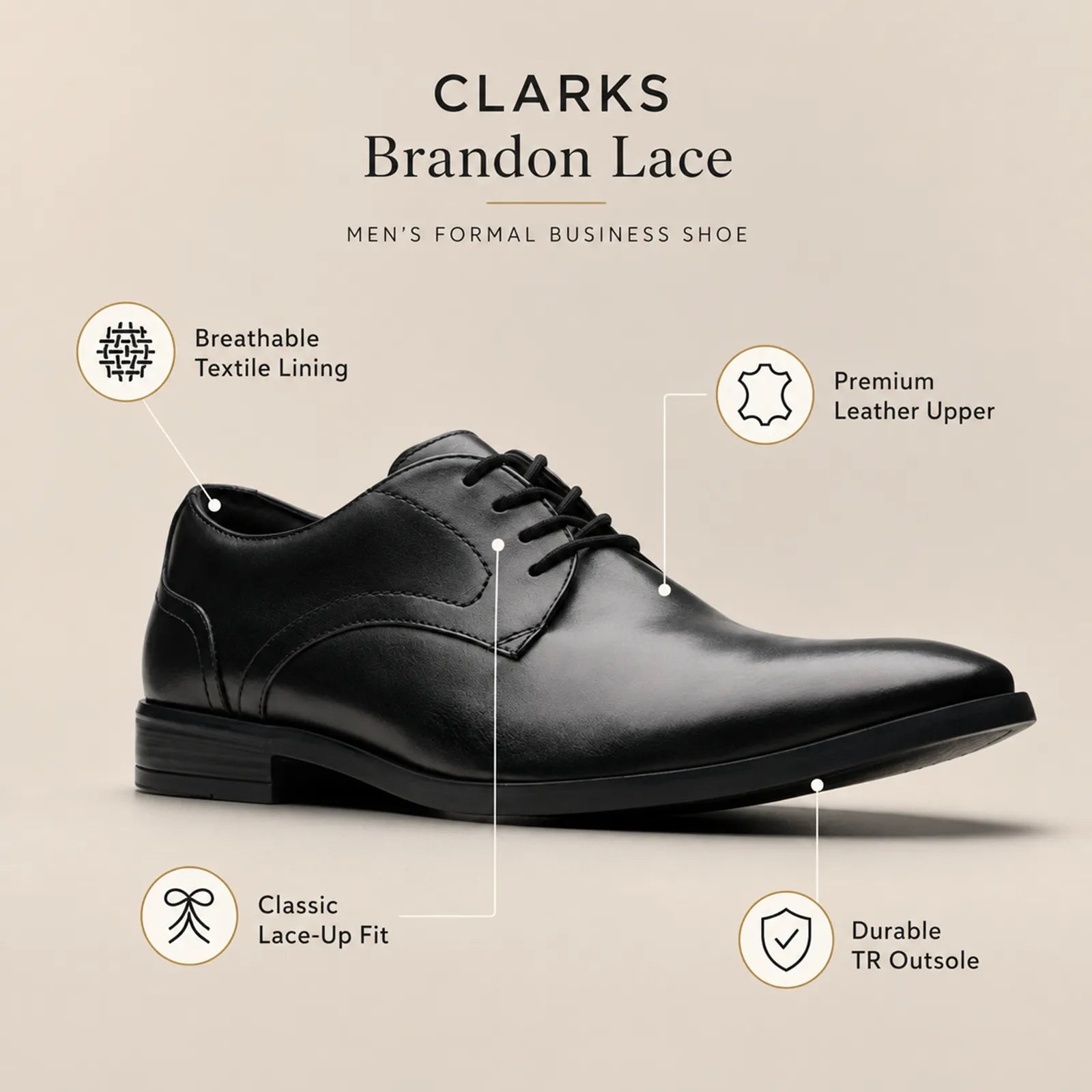 Men's black leather lace-up business shoe with classic vamp and lace-up closure