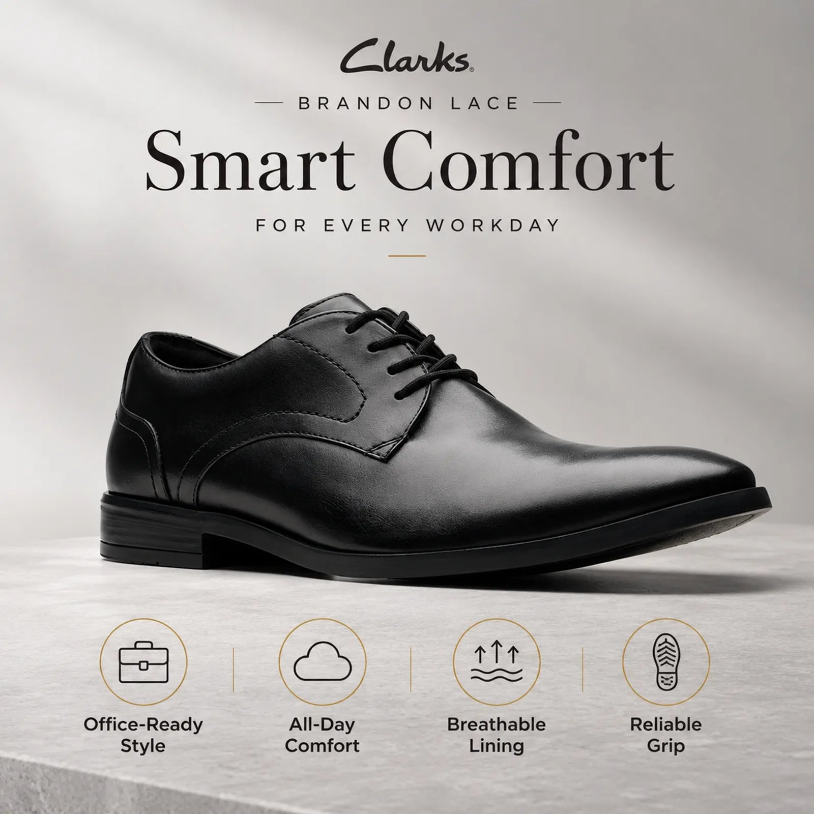 Men's black leather lace-up business shoe with rounded toe and lace-up front