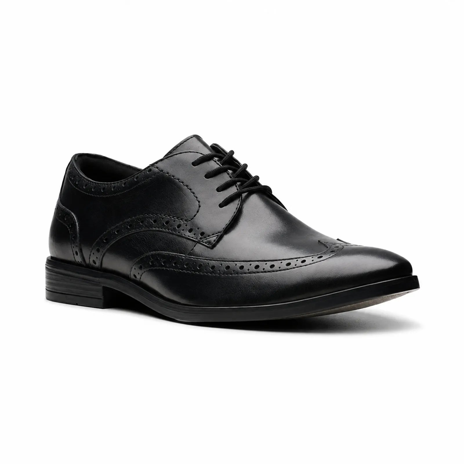 Men's black leather brogue dress shoes with lace-up front and wingtip details
