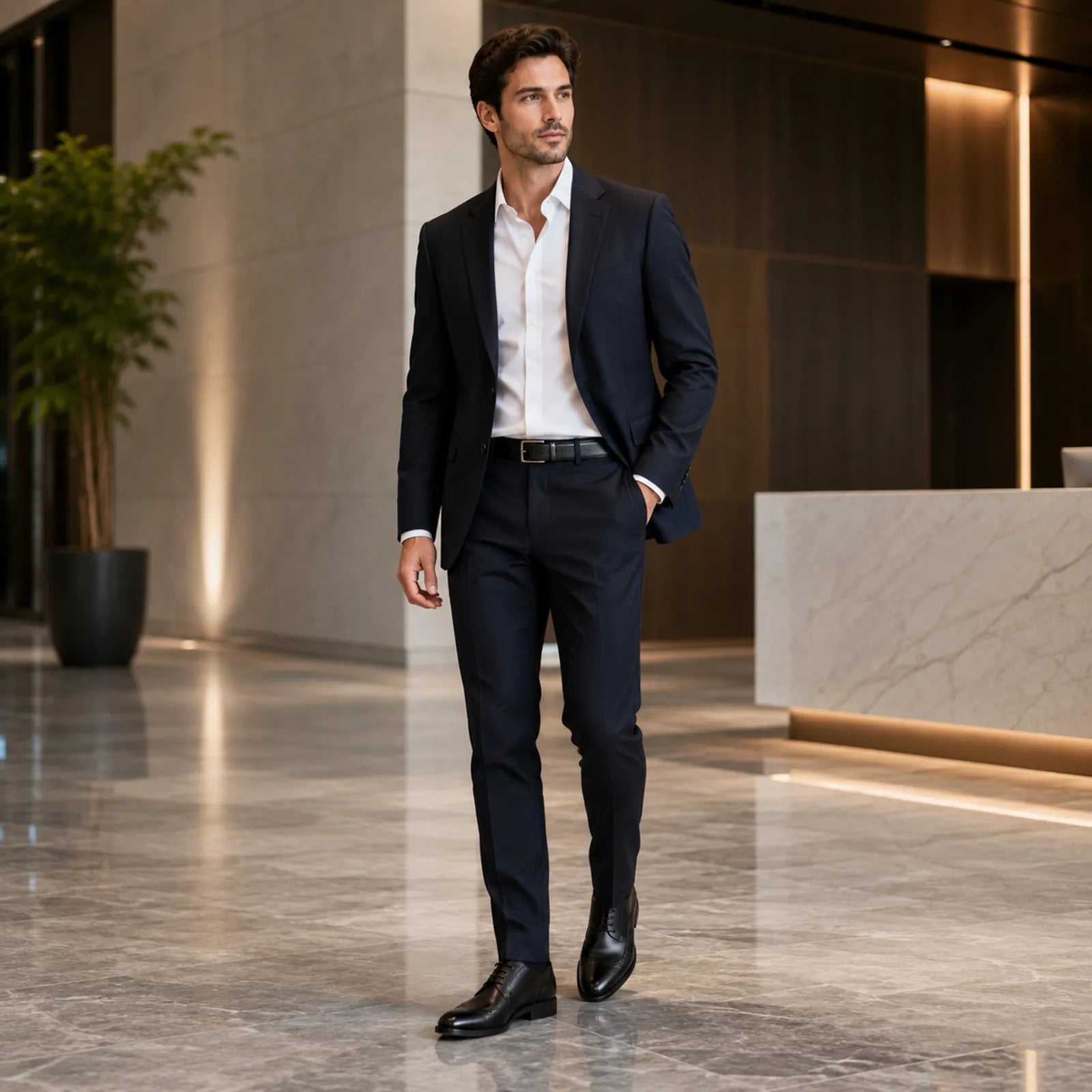 Men's black lace-up dress shoes with wingtip brogue detailing