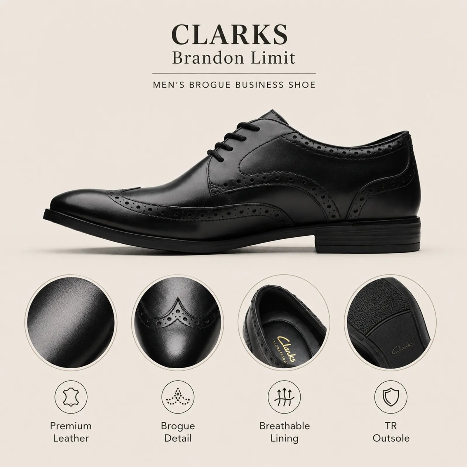 Black leather brogue lace-up business shoe with visible sole and perforated panels