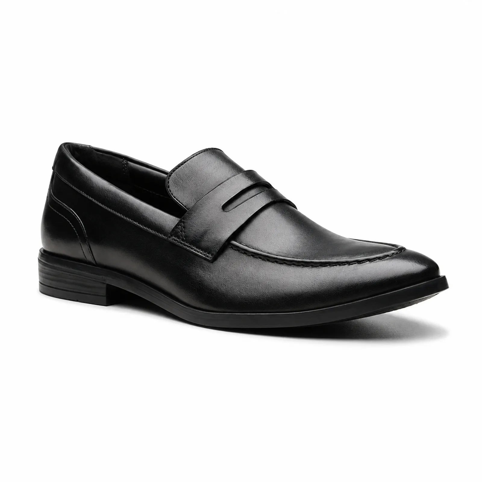 Men¡¯s black leather slip-on loafers with strap across the vamp and low block heel