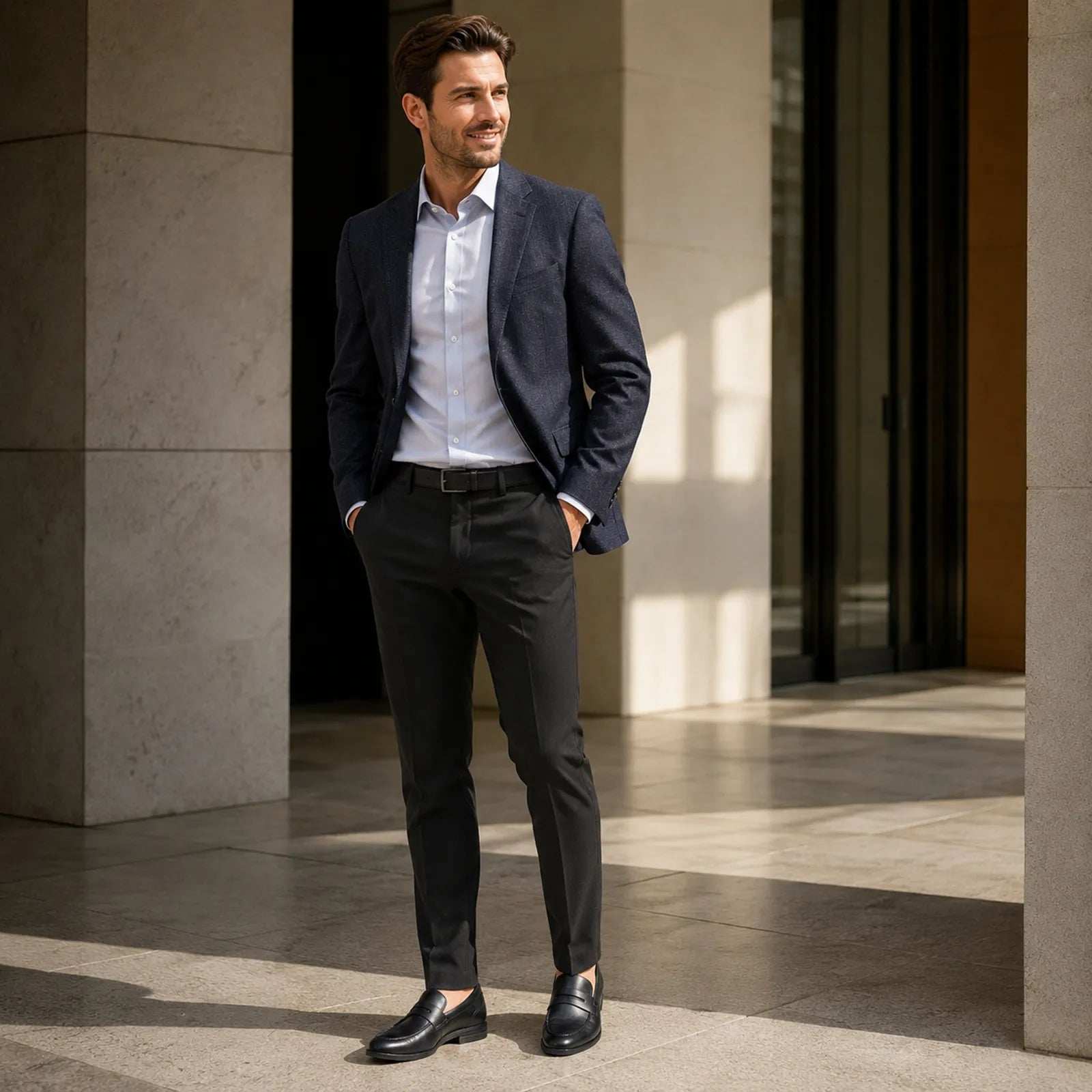 Men¡¯s black leather loafers with strap closure on the upper, worn with dark trousers