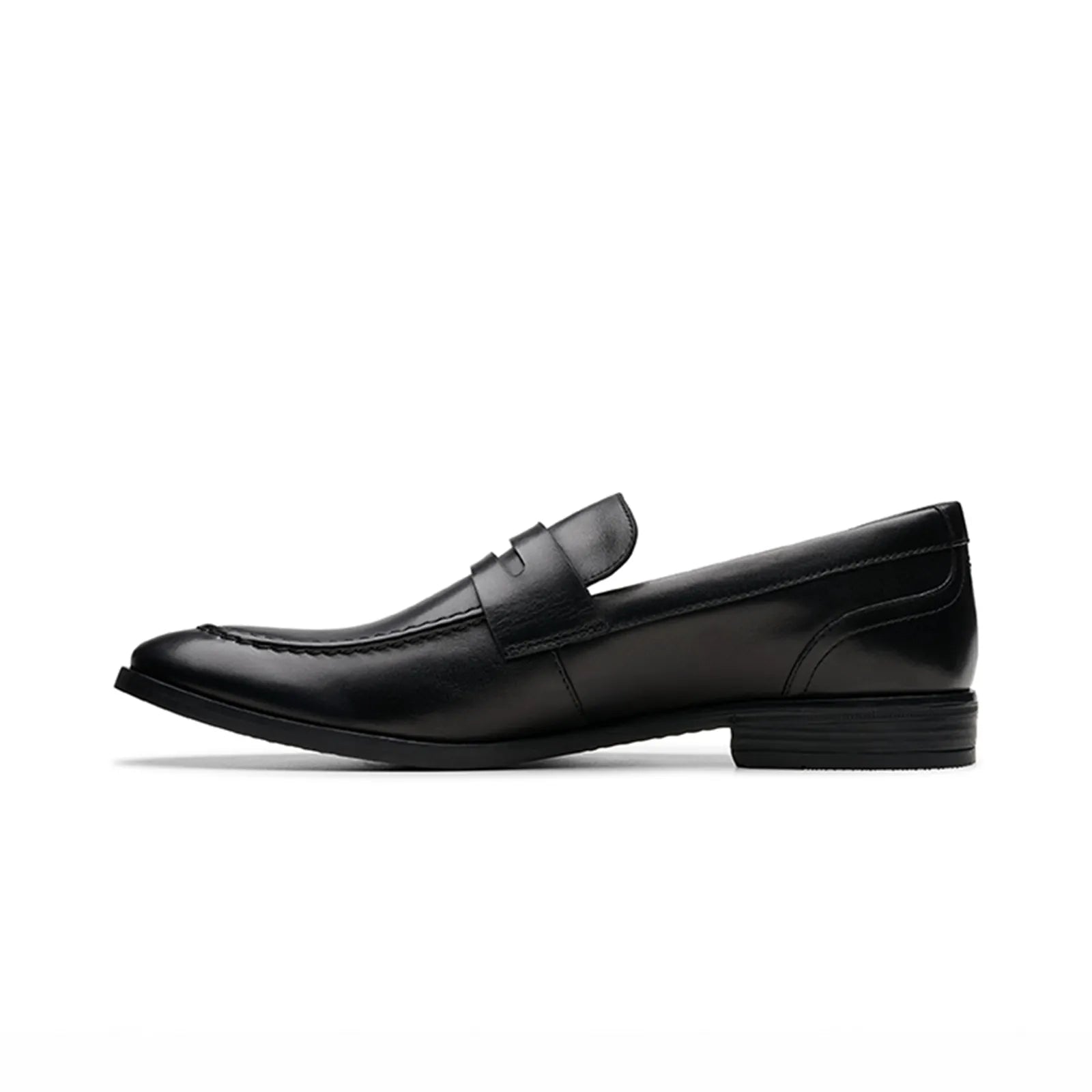 Black leather slip-on loafer with strap detail and low heel, side profile view