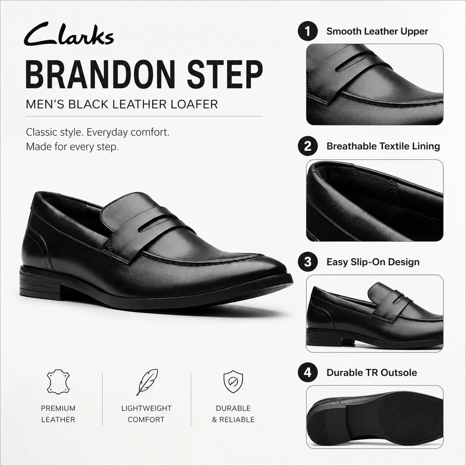 Pair of men¡¯s black leather loafers with strap across the vamp and low block heel